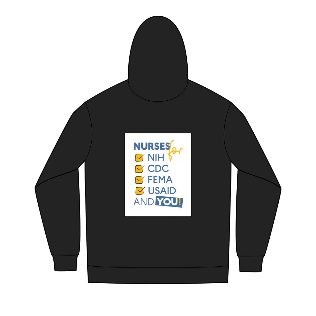 Men's Medium-heavy fabric Full-Zip Hoodie - Nurses Condemning Closure of USAID (front) - Nurses For NIH, CDC, FEMA, USAID, and YOU (back) - 60% recycled cotton, 40% recycled polyester - NFG-Z-DT8102