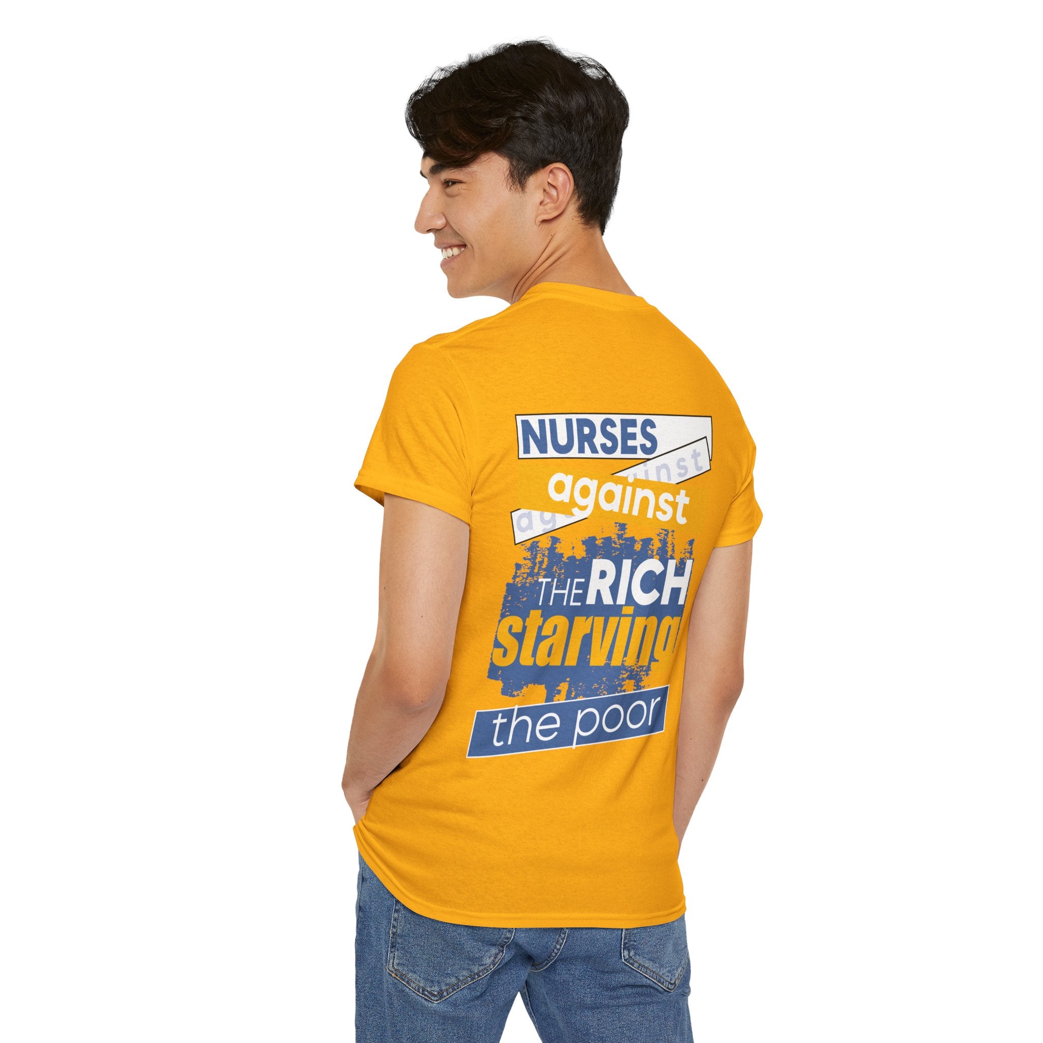 Unisex Medium fabric Cotton Tee - Free School Lunches For All (front) - Nurses Against The Rich Starving The Poor (back) - 5.3 oz/yd² / 180 g/m² - NAH-T-G5000