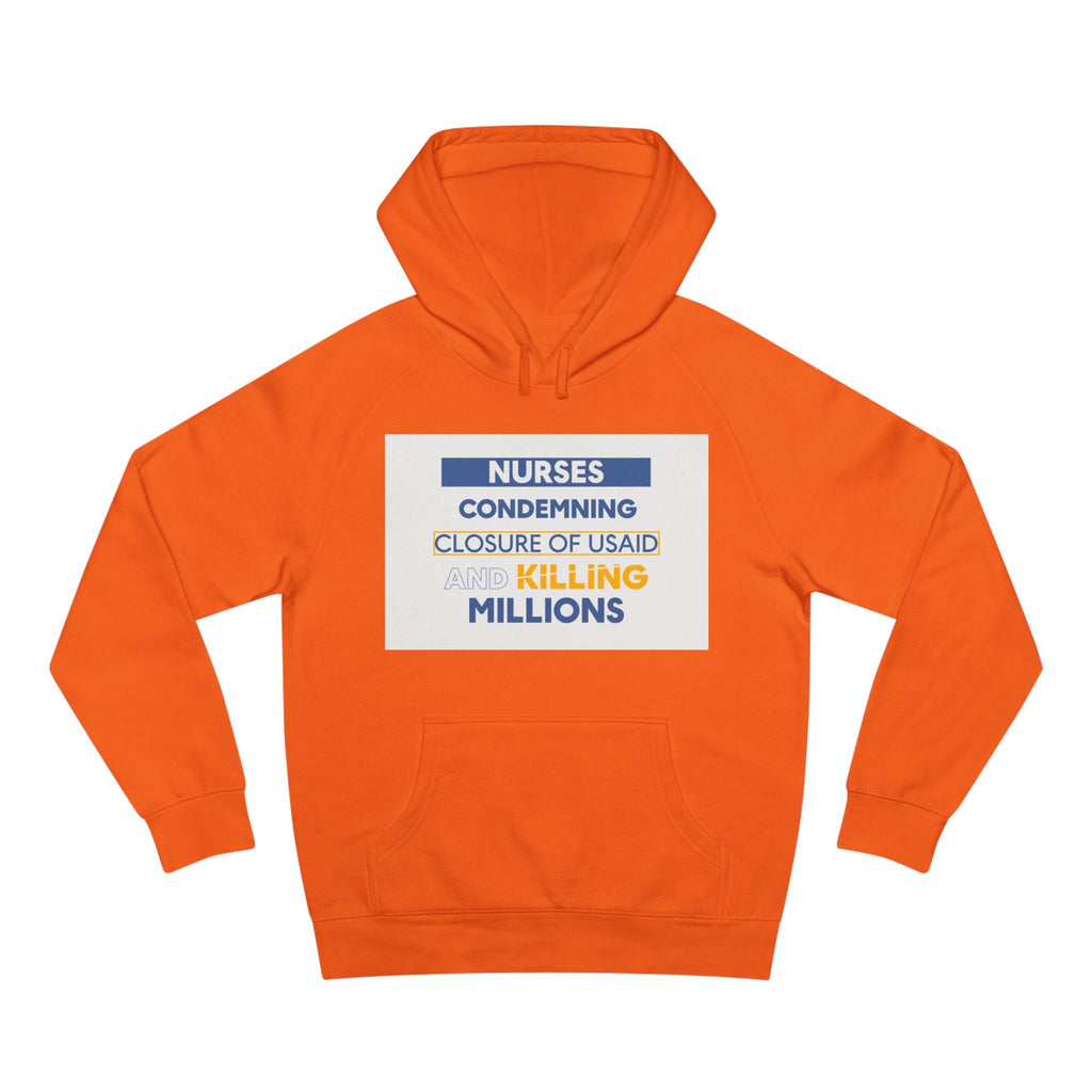 Unisex Mid-weight Hoodie - Nurses Condemning Closure of USAID (front) - Nurses For NIH CDC FEMA USAID And YOU (back) - 80% cotton, 20% Polyester - NFG-H-AC5101