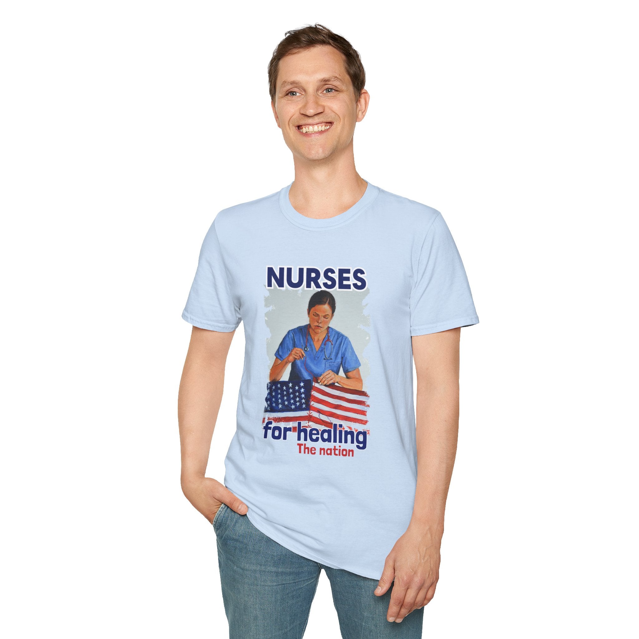 Unisex Lightweight fabric T-Shirt - Nurses For Healing The Nation (front) - Nurses Standing Up For Humanity (back) - 100% ring-spun cotton - NFH-T-G64000