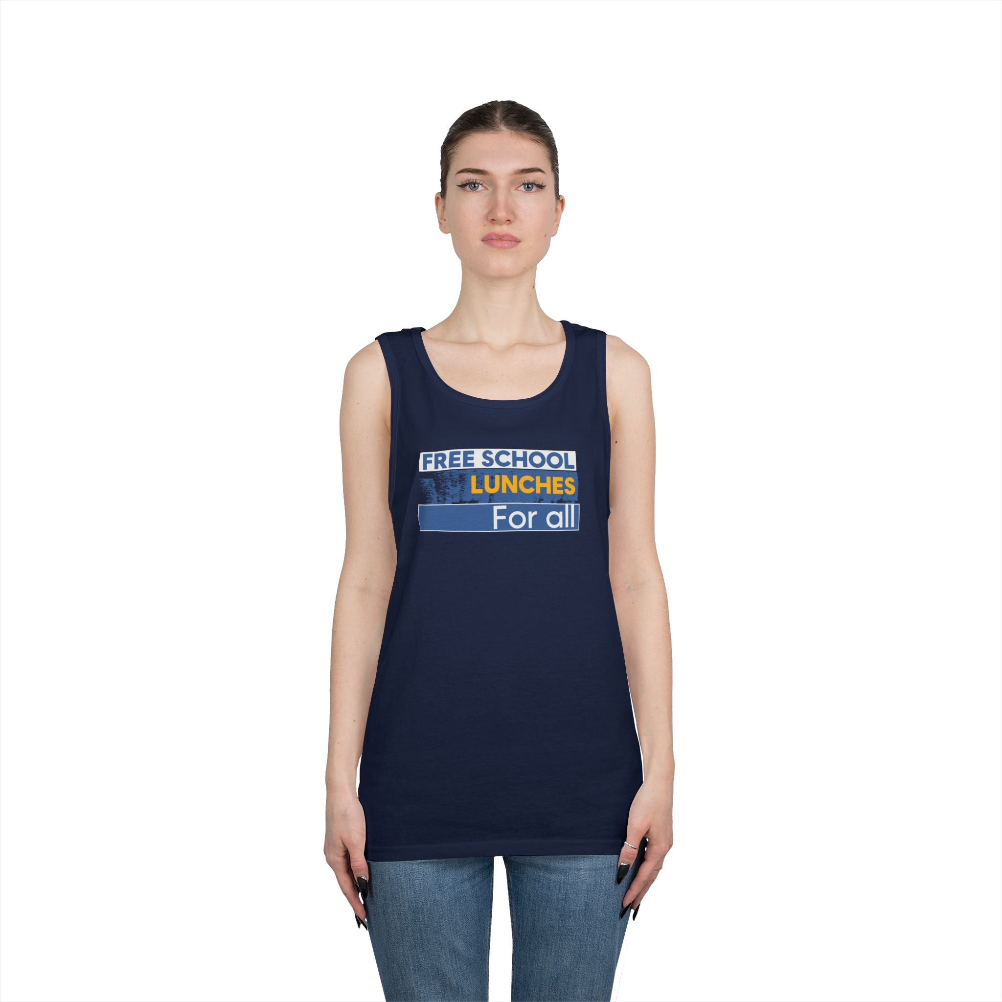 Unisex Medium fabric Cotton Tank Top - Free School Lunches For All (front) - Nurses Against The Rich Starving The Poor (back) - 100% cotton - NAH-K-G5200