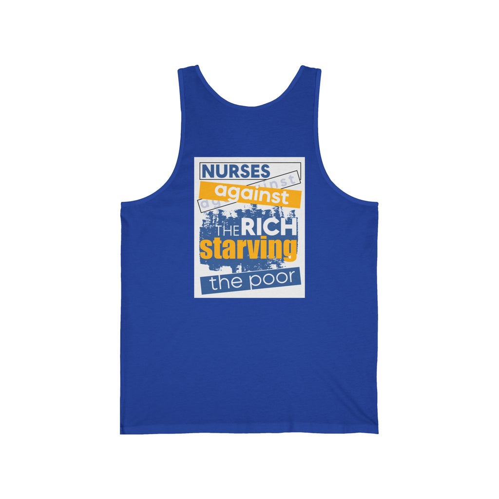 Unisex Light fabric Jersey Tank - Free School Lunches For All (front) - Nurses Against The Rich Starving The Poor (back) - 100% Airlume combed and ring-spun cotton - NAH-K-BC3480