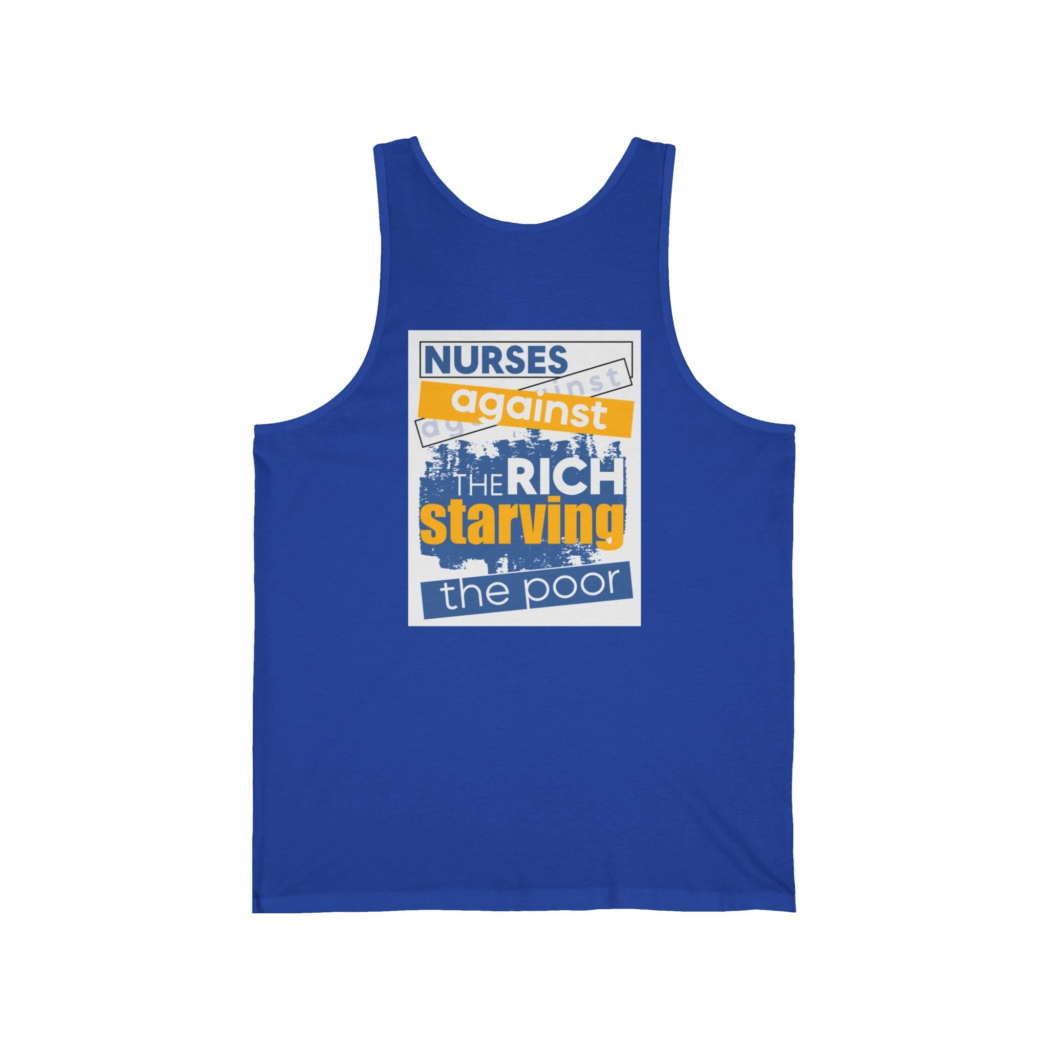 Unisex Light fabric Jersey Tank - Free School Lunches For All (front) - Nurses Against The Rich Starving The Poor (back) - 100% Airlume combed and ring-spun cotton - NAH-K-BC3480