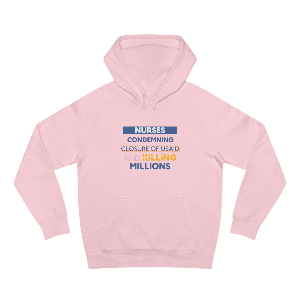 Unisex Mid-weight Hoodie - Nurses Condemning Closure of USAID (front) - Nurses For NIH CDC FEMA USAID And YOU (back) - 80% cotton, 20% Polyester - NFG-H-AC5101
