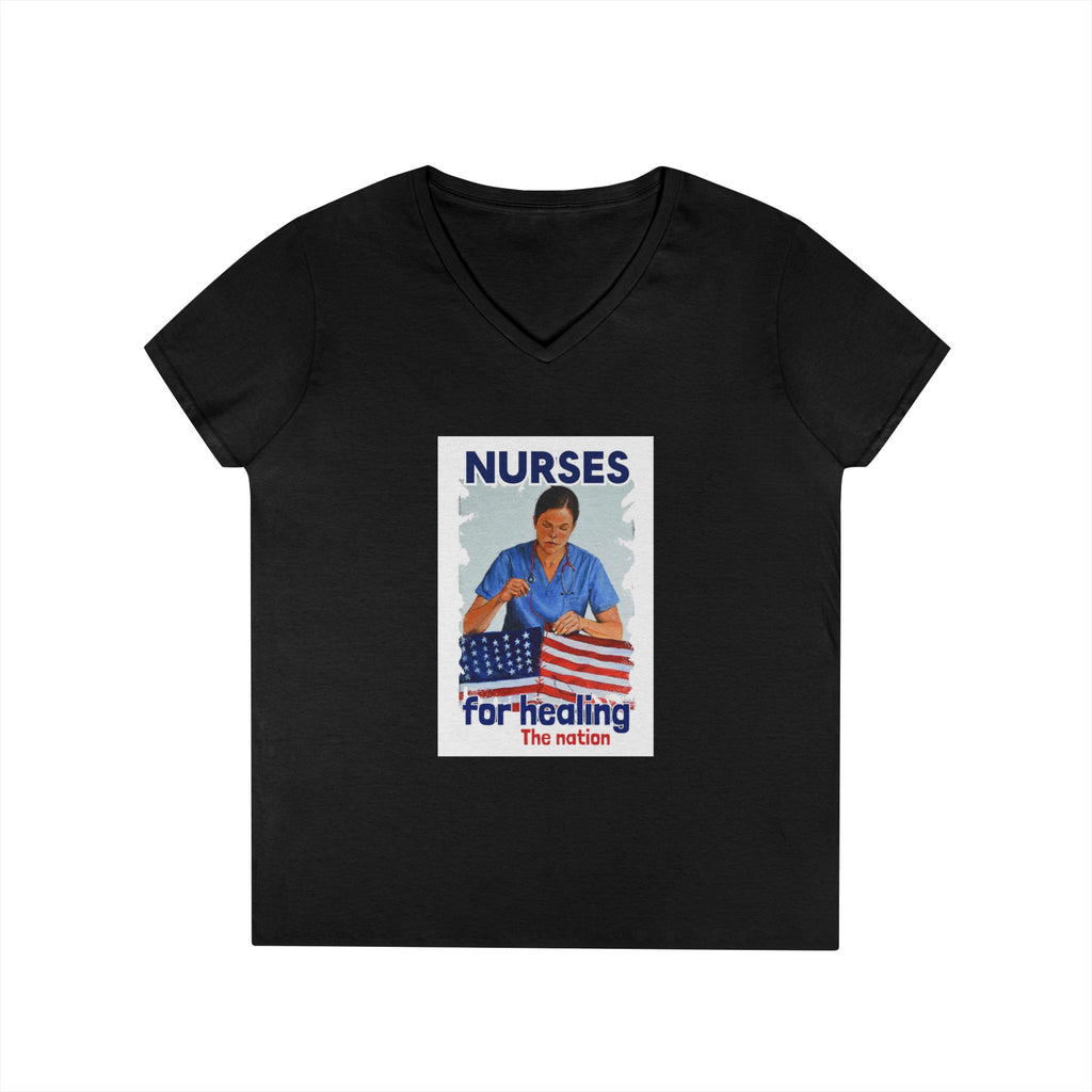 Women's Medium fabric V-Neck T-Shirt - Nurses For Healing The Nation (front) - Nurses Standing Up For Humanity (back) - 100% cotton - NFH-V-G5V00L