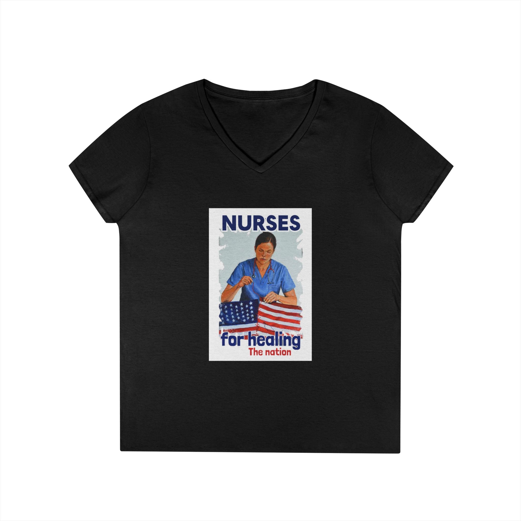 Women's Medium fabric V-Neck T-Shirt - Nurses For Healing The Nation (front) - Nurses Standing Up For Humanity (back) - 100% cotton - NFH-V-G5V00L