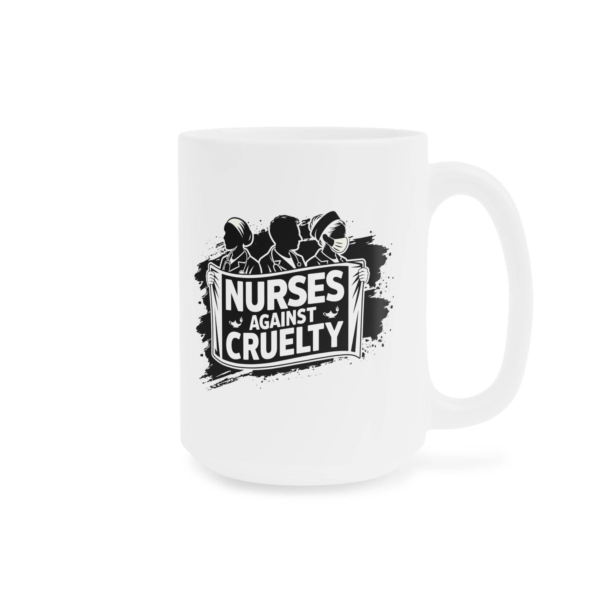 Unisex Ceramic Mug - Nurses Against Fascism (right) - Nurses Against Cruelty (left) - Durable white Ceramic - NAF-CM-ORCA