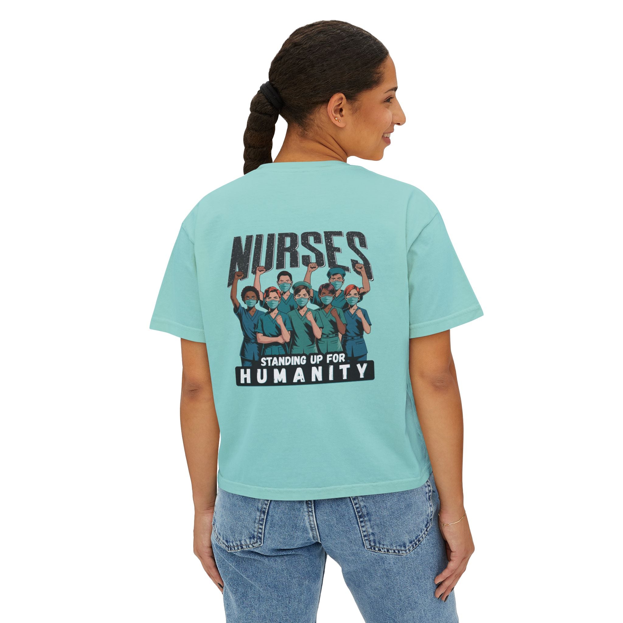 Women's Boxy Heavy fabric Tee - Nurses For Healing The Nation (front) - Nurses Standing Up For Humanity (back) - 100% ring-spun US cotton - NFH-T-CC3023CL