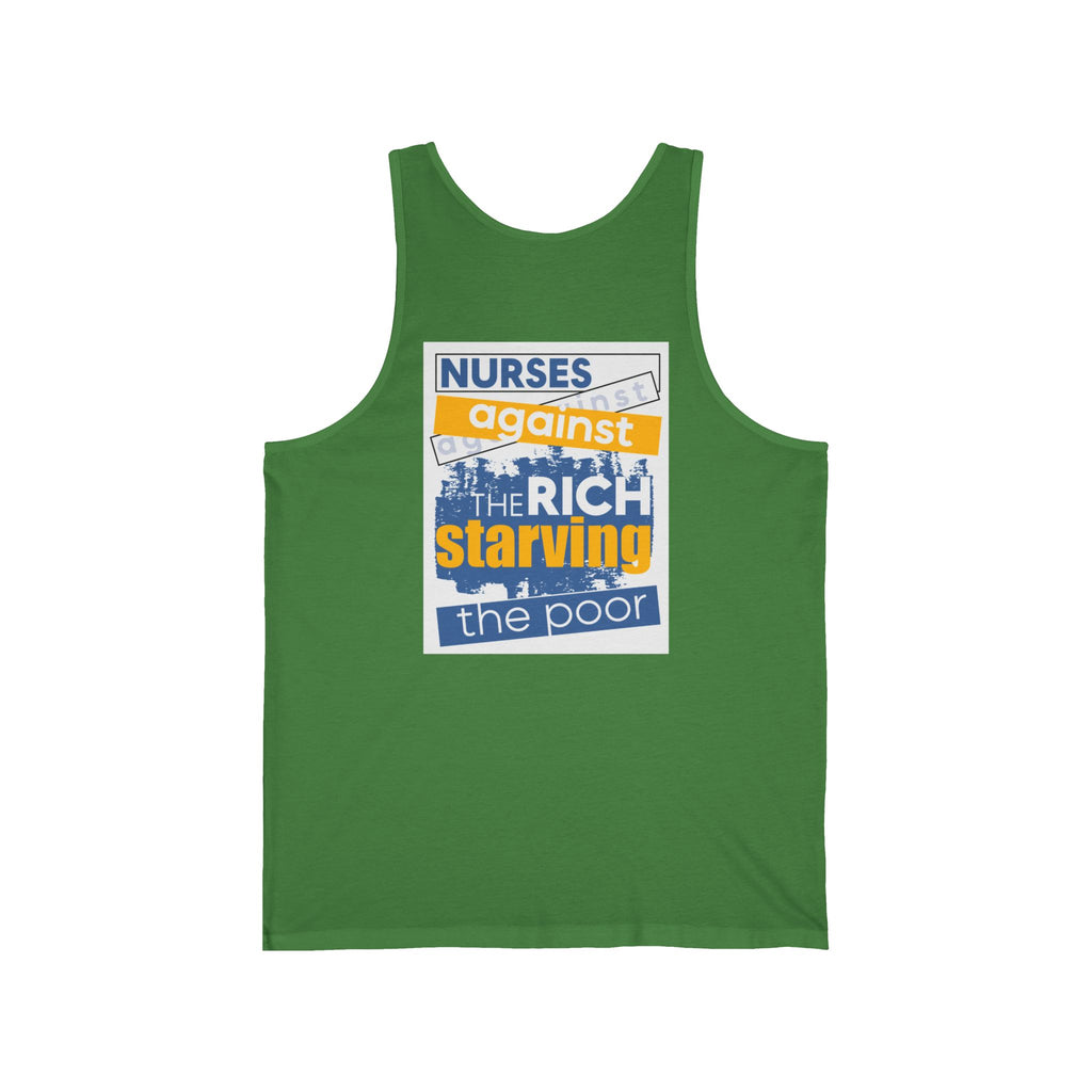Unisex Light fabric Jersey Tank - Free School Lunches For All (front) - Nurses Against The Rich Starving The Poor (back) - 100% Airlume combed and ring-spun cotton - NAH-K-BC3480