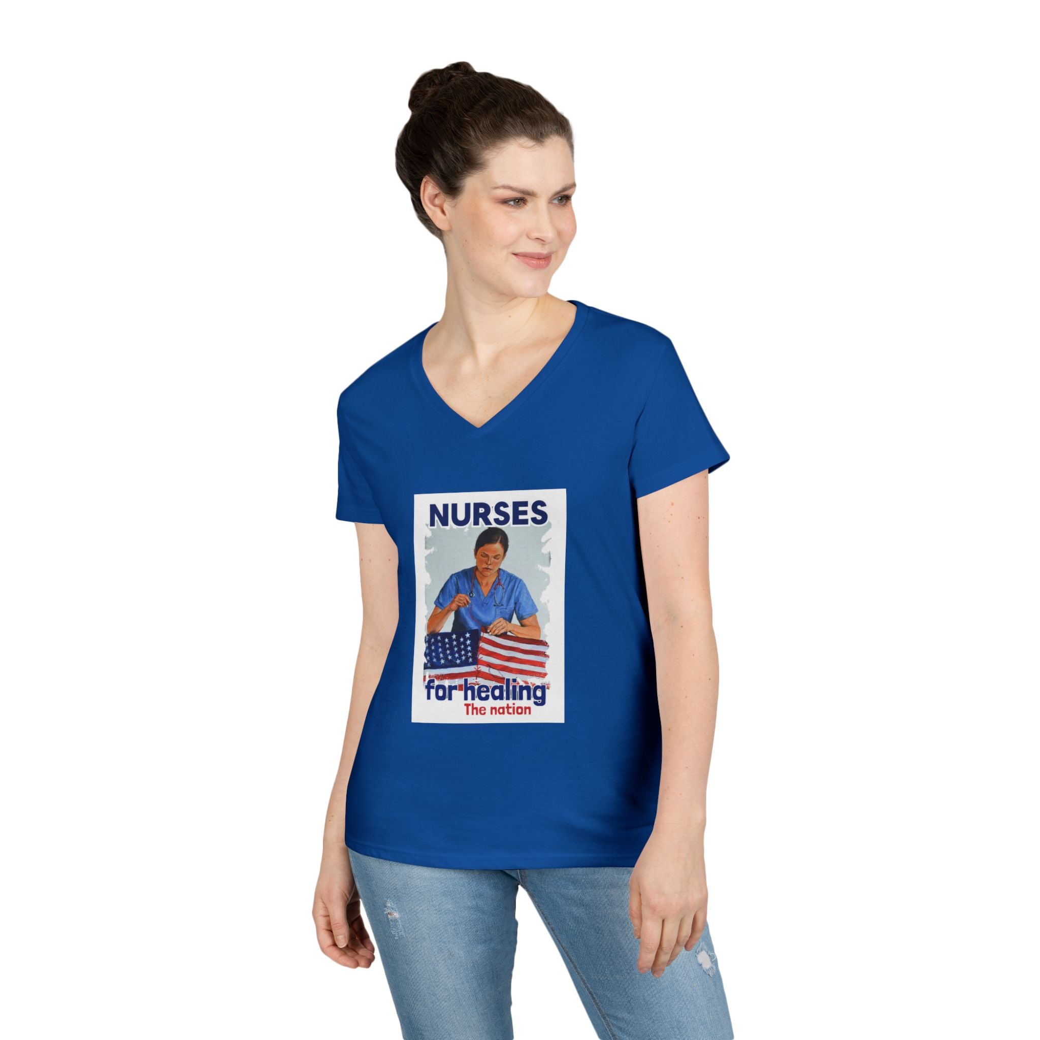 Women's Medium fabric V-Neck T-Shirt - Nurses For Healing The Nation (front) - Nurses Standing Up For Humanity (back) - 100% cotton - NFH-V-G5V00L