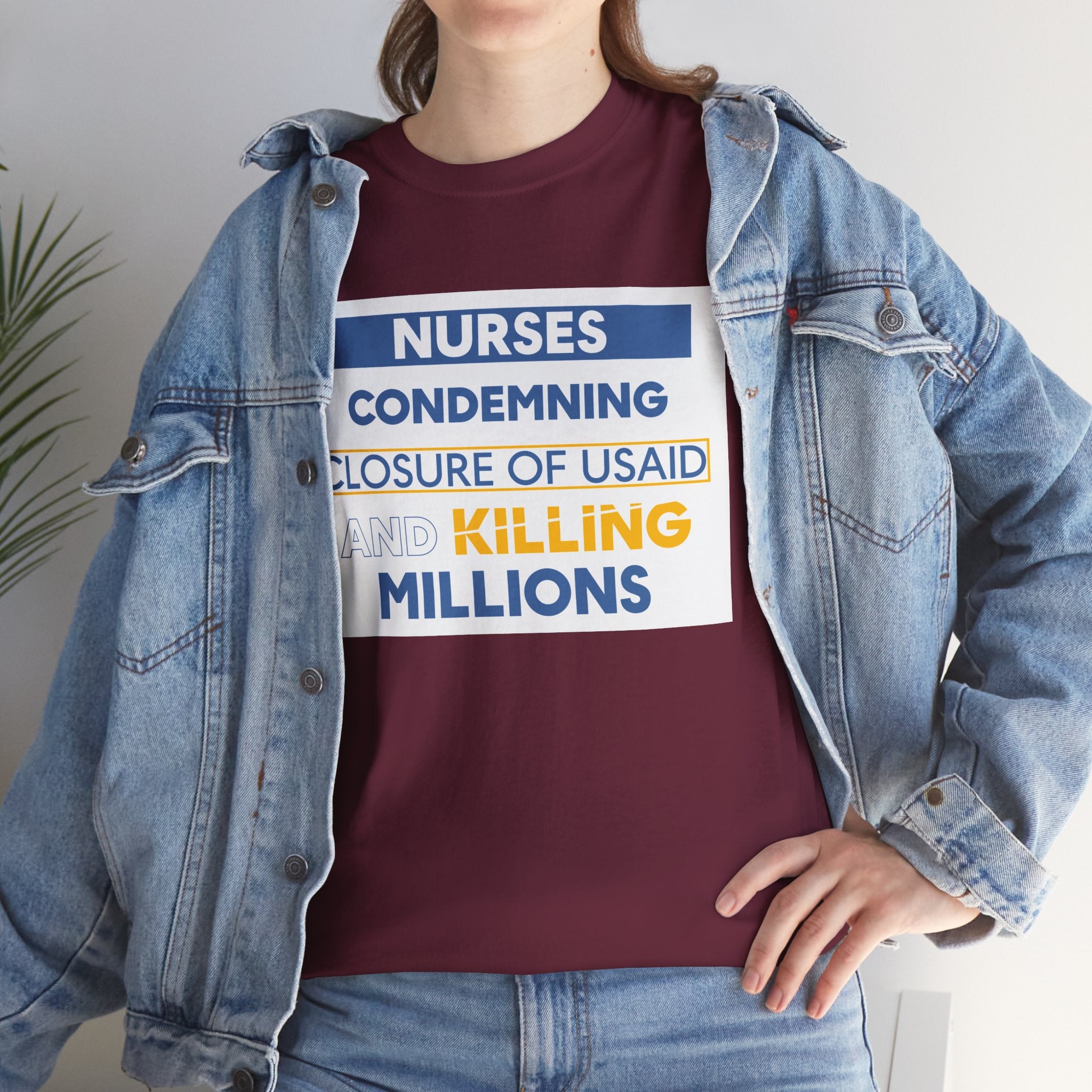 Unisex Medium fabric Cotton Tee - Nurses Condemning Closure of USAID (front) - Nurses For NIH CDC FEMA USAID And YOU (back) - 5.3 oz/yd² / 180 g/m² - NFG-T-G5000
