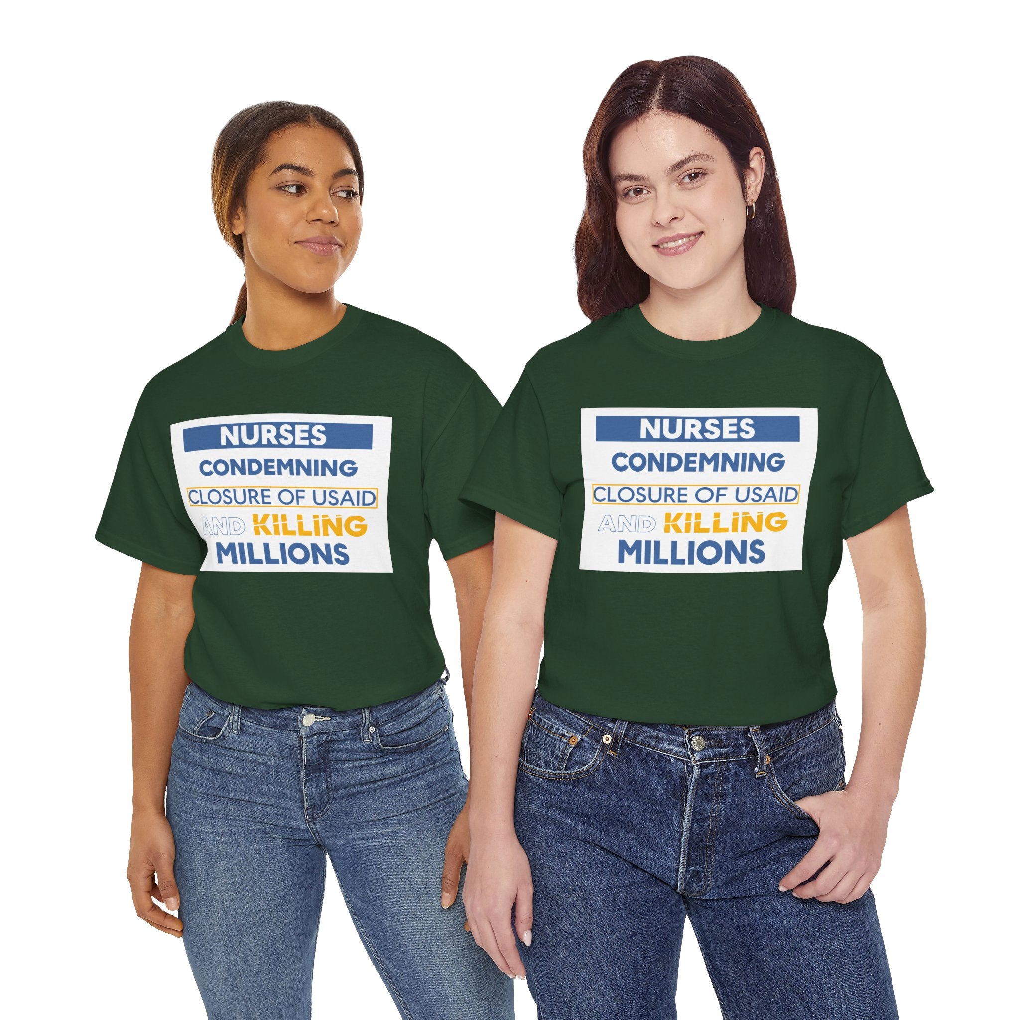 Unisex Medium fabric Cotton Tee - Nurses Condemning Closure of USAID (front) - Nurses For NIH CDC FEMA USAID And YOU (back) - 5.3 oz/yd² / 180 g/m² - NFG-T-G5000