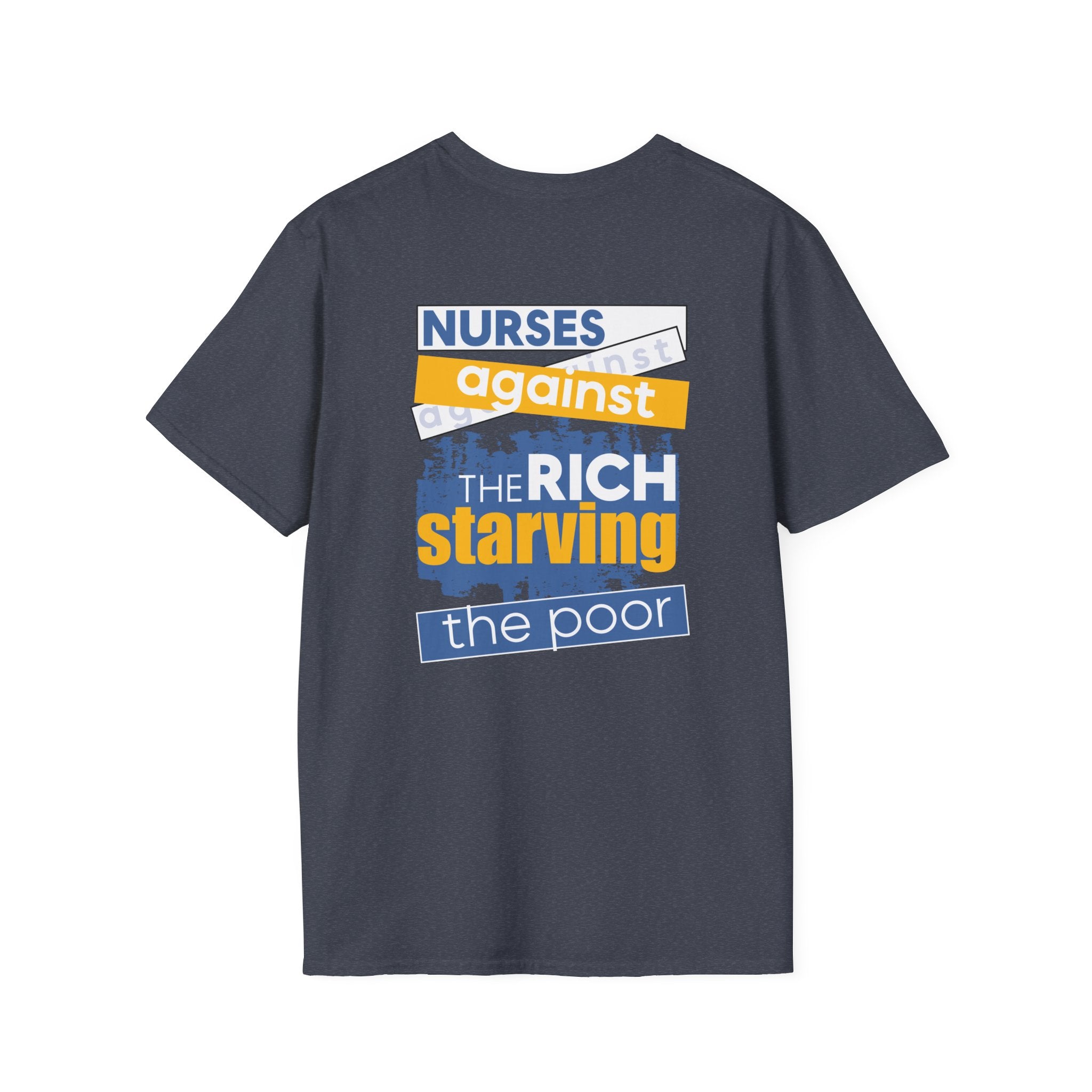 Unisex Lightweight fabric T-Shirt - Free School Lunches For All (front) - Nurses Against The Rich Starving The Poor (back) - 100% ring-spun cotton - NAH-T-G64000