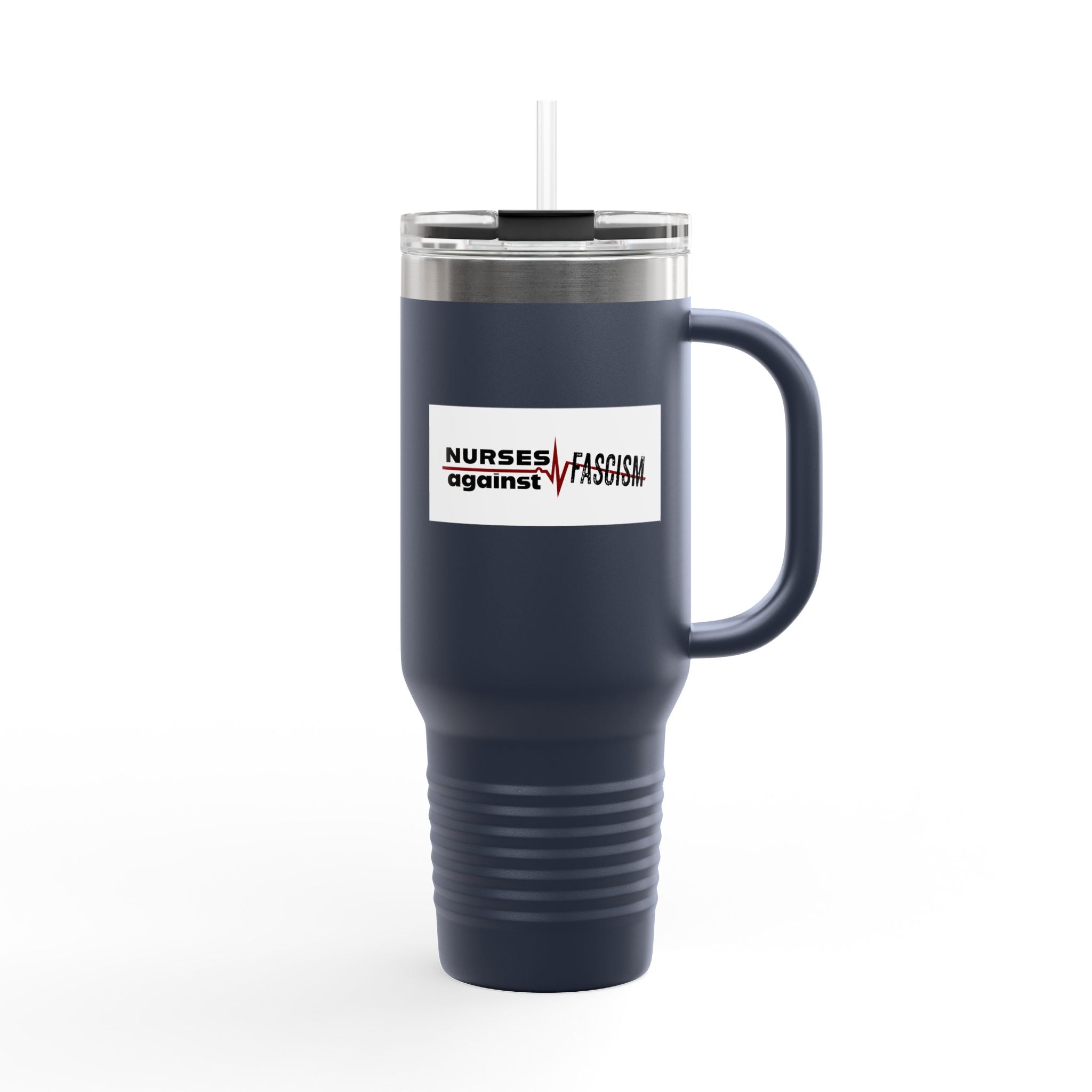 Travel Mug - Nurses Against Fascism (right) - Nurses Against Cruelty (left) - 100% stainless steel (body) - NAF-TM-40oz