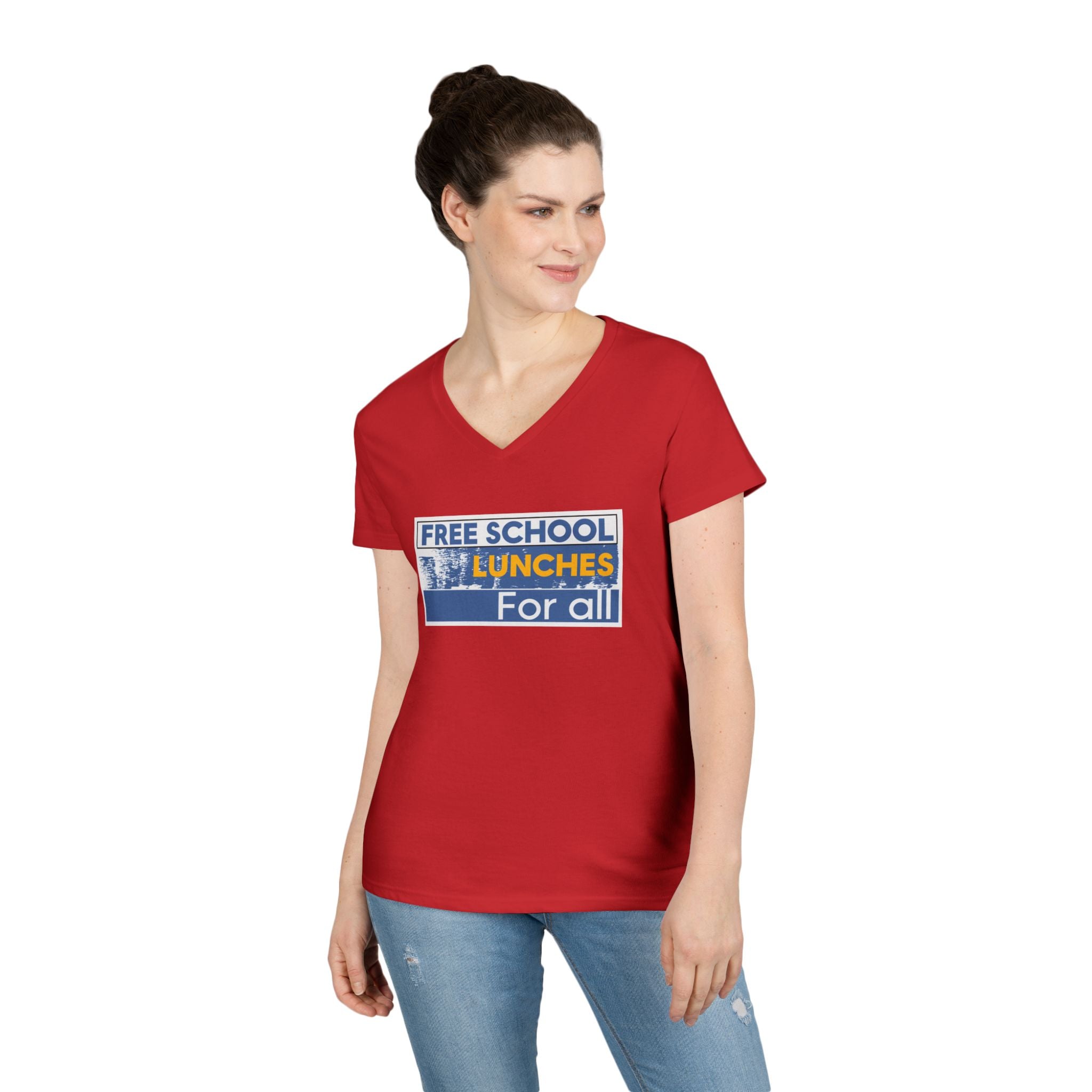 Women's Medium fabric V-Neck T-Shirt - Free School Lunches For All (front) - Nurses Against The Rich Starving The Poor (back) - 100% cotton - NAH-V-G5V00L