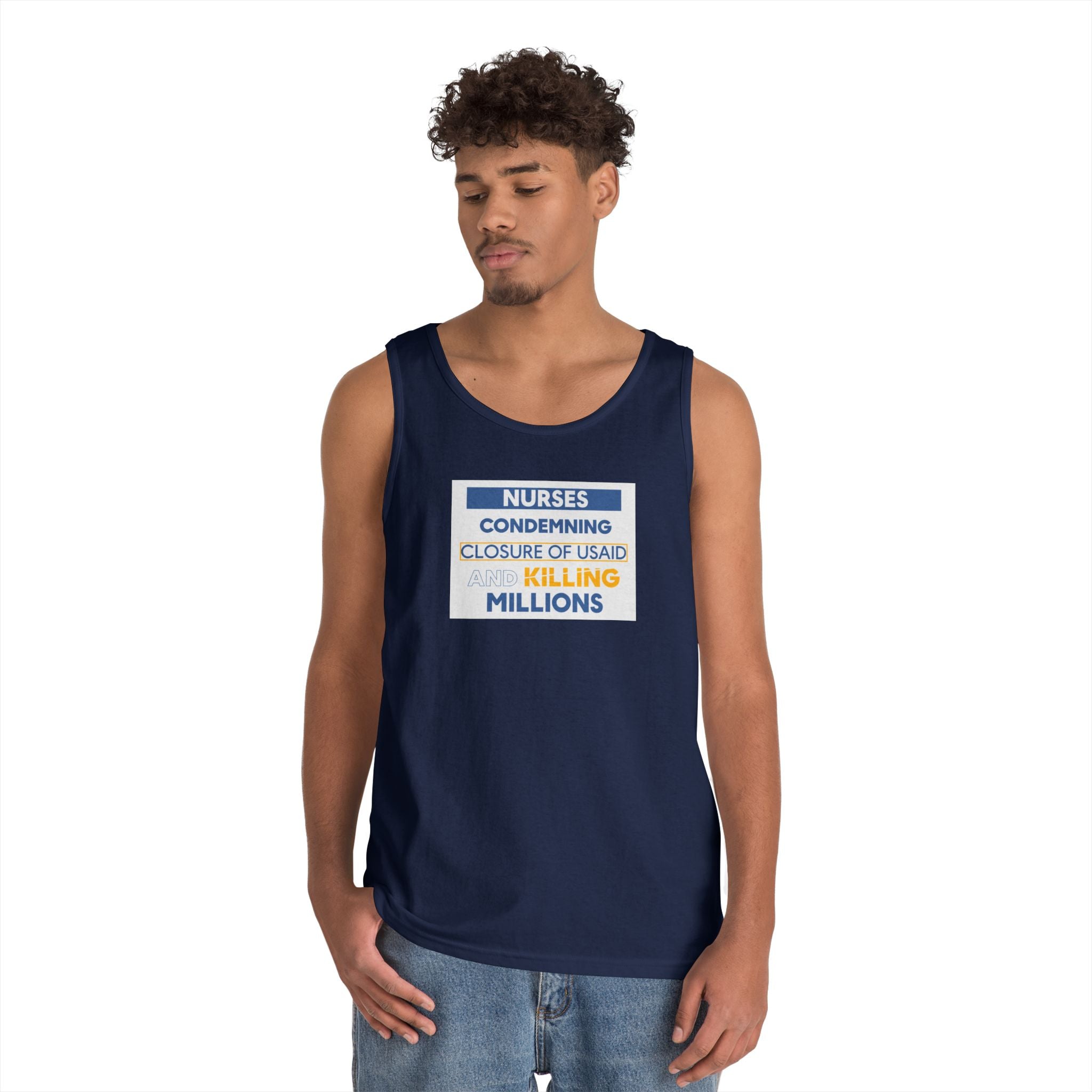 Unisex Medium fabric Cotton Tank Top - Nurses Condemning Closure of USAID (front) - Nurses For NIH CDC FEMA USAID And YOU (back) - 100% cotton - NFG-K-G5200