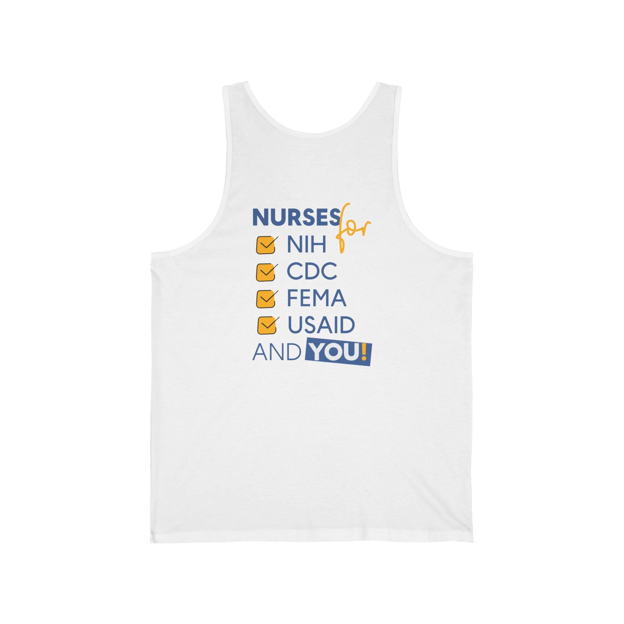 Unisex Light fabric Jersey Tank - Nurses Condemning Closure of USAID (front) - Nurses For NIH CDC FEMA USAID And YOU (back) - 100% Airlume combed and ring-spun cotton - NFG-K-BC3480