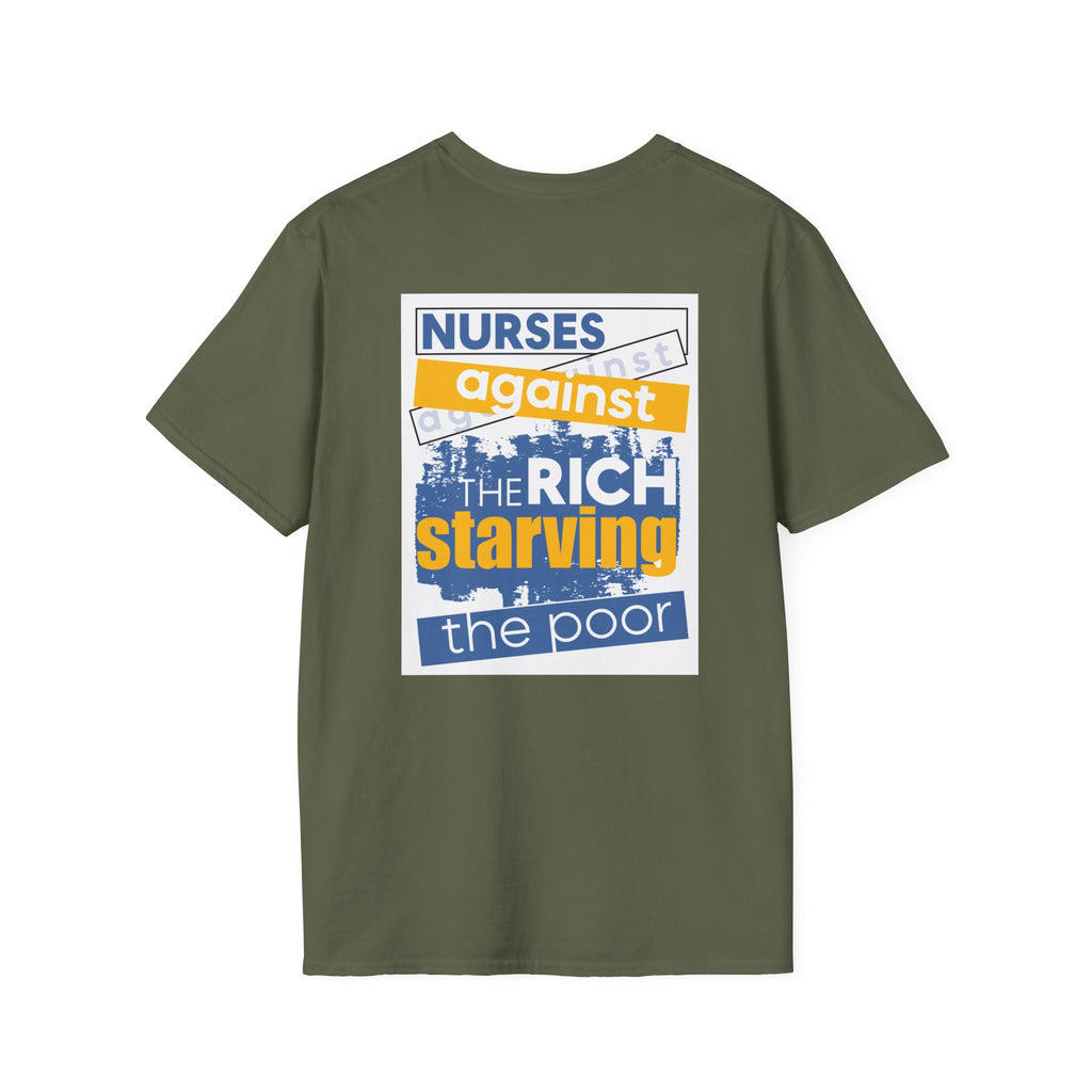 Unisex Lightweight fabric T-Shirt - Free School Lunches For All (front) - Nurses Against The Rich Starving The Poor (back) - 100% ring-spun cotton - NAH-T-G64000