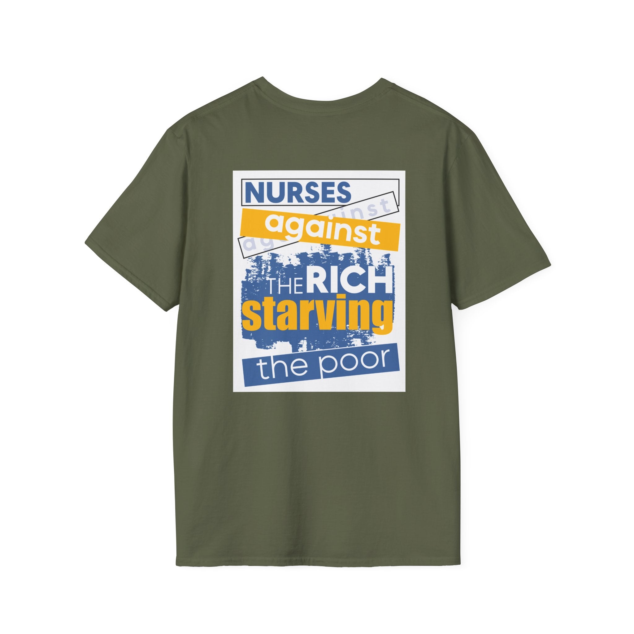 Unisex Lightweight fabric T-Shirt - Free School Lunches For All (front) - Nurses Against The Rich Starving The Poor (back) - 100% ring-spun cotton - NAH-T-G64000
