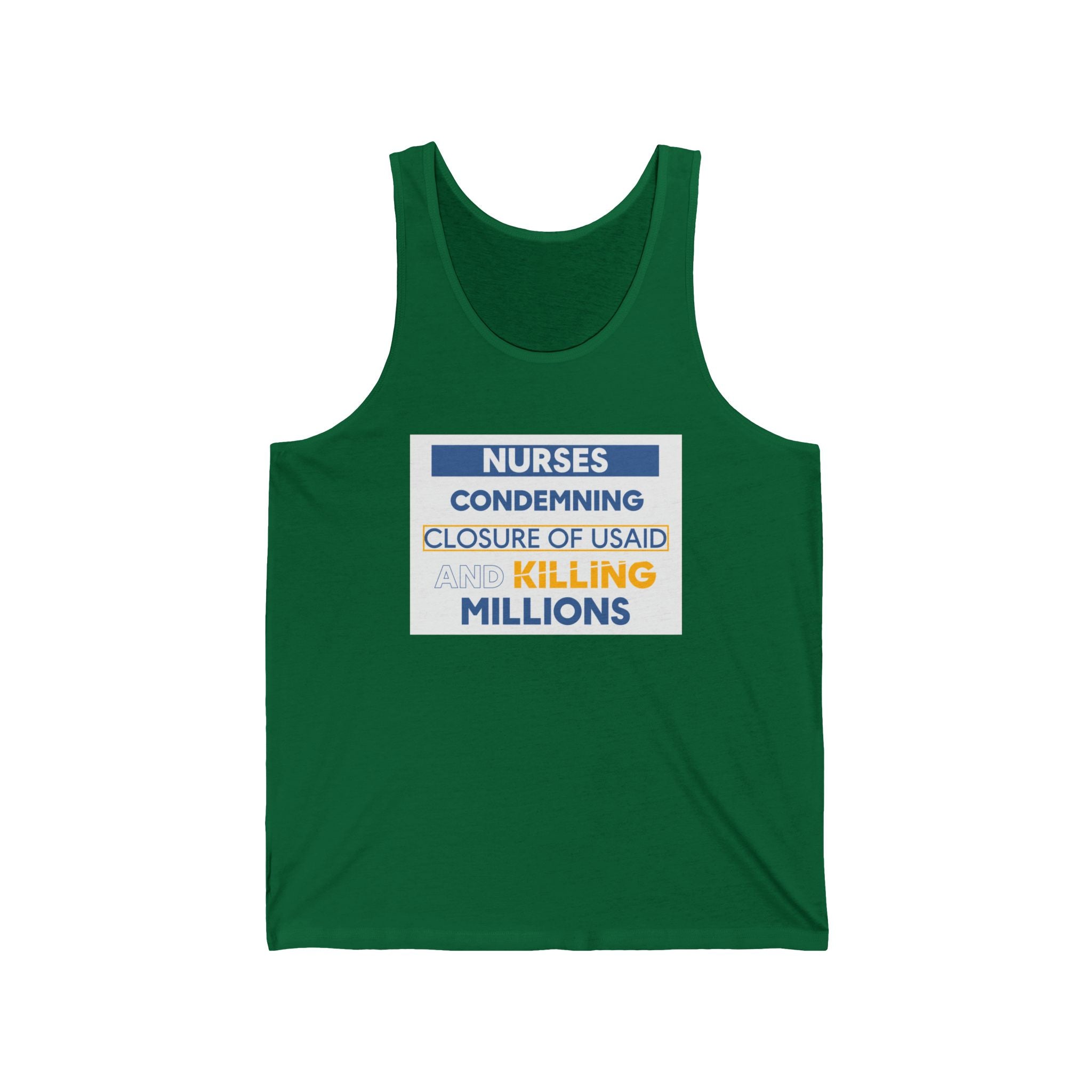 Unisex Light fabric Jersey Tank - Nurses Condemning Closure of USAID (front) - Nurses For NIH CDC FEMA USAID And YOU (back) - 100% Airlume combed and ring-spun cotton - NFG-K-BC3480