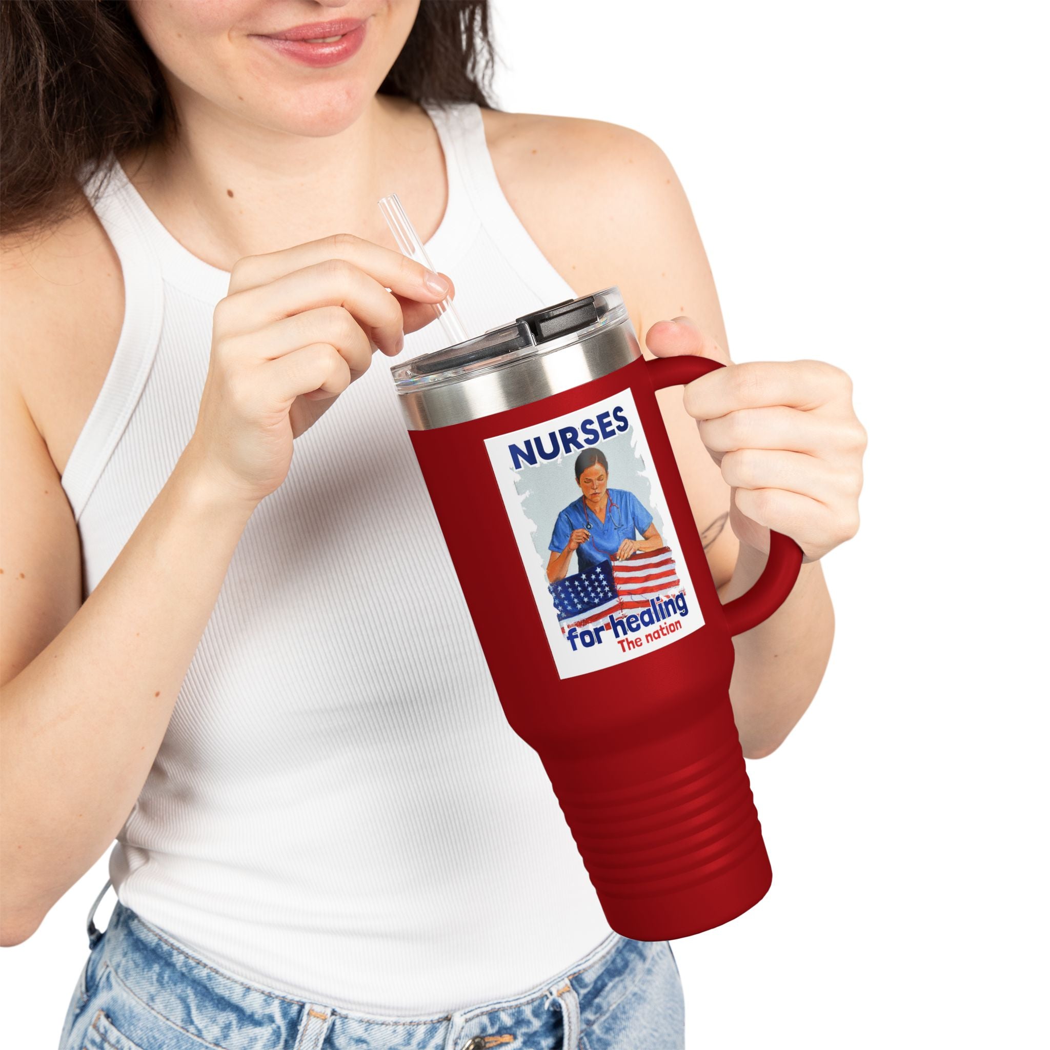 Travel Mug - Nurses For Healing The Nation (front) - Nurses Standing Up For Humanity (back) - 100% stainless steel (body) - NFH-TM-40oz