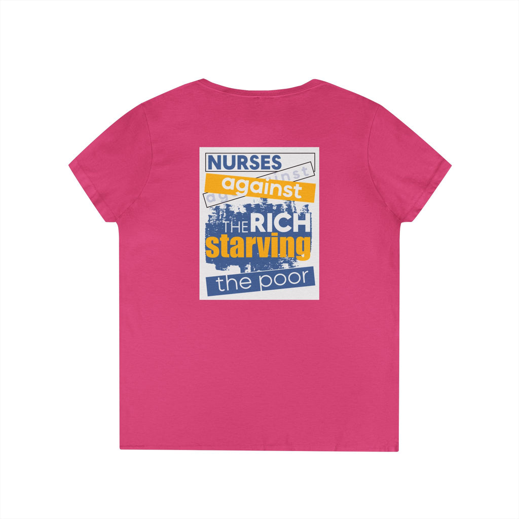 Women's Medium fabric V-Neck T-Shirt - Free School Lunches For All (front) - Nurses Against The Rich Starving The Poor (back) - 100% cotton - NAH-V-G5V00L
