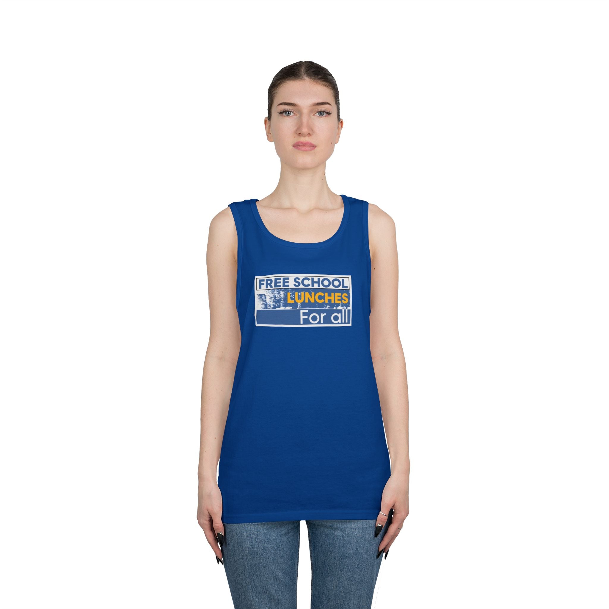 Unisex Medium fabric Cotton Tank Top - Free School Lunches For All (front) - Nurses Against The Rich Starving The Poor (back) - 100% cotton - NAH-K-G5200