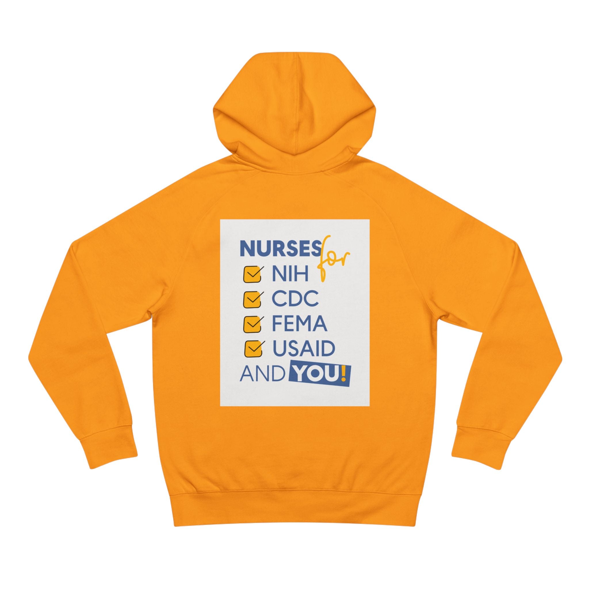 Unisex Mid-weight Hoodie - Nurses Condemning Closure of USAID (front) - Nurses For NIH CDC FEMA USAID And YOU (back) - 80% cotton, 20% Polyester - NFG-H-AC5101