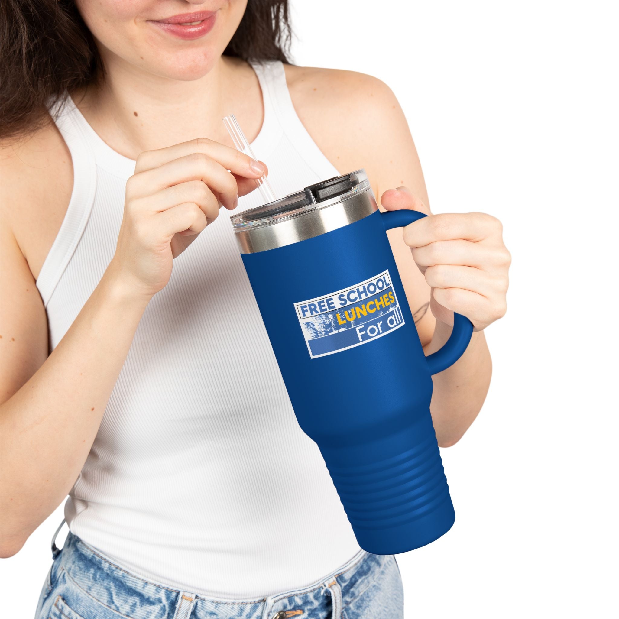 Travel Mug - Free School Lunches For All (front) - Nurses Against The Rich Starving The Poor (back) - 100% stainless steel (body) - NAH-TM-40oz