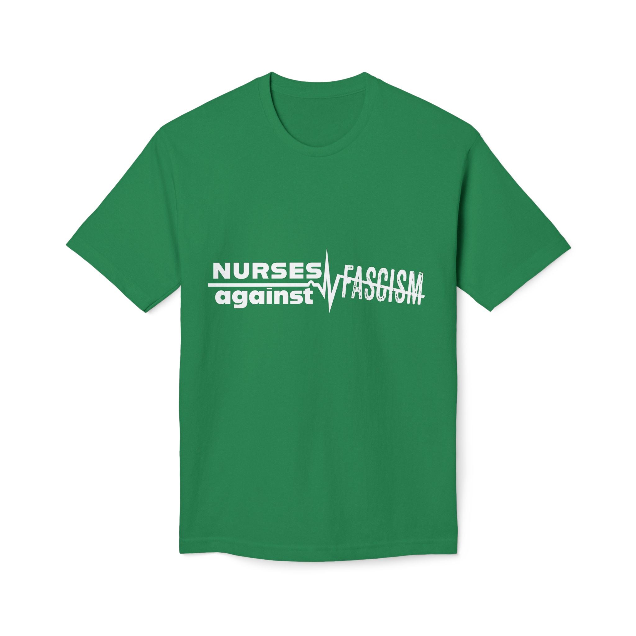 Unisex Midweight T-shirt, Nurses Against Fascism (front) - Nurses Against Cruelty (back) - 100% Polyster - NAF-T-BS5040