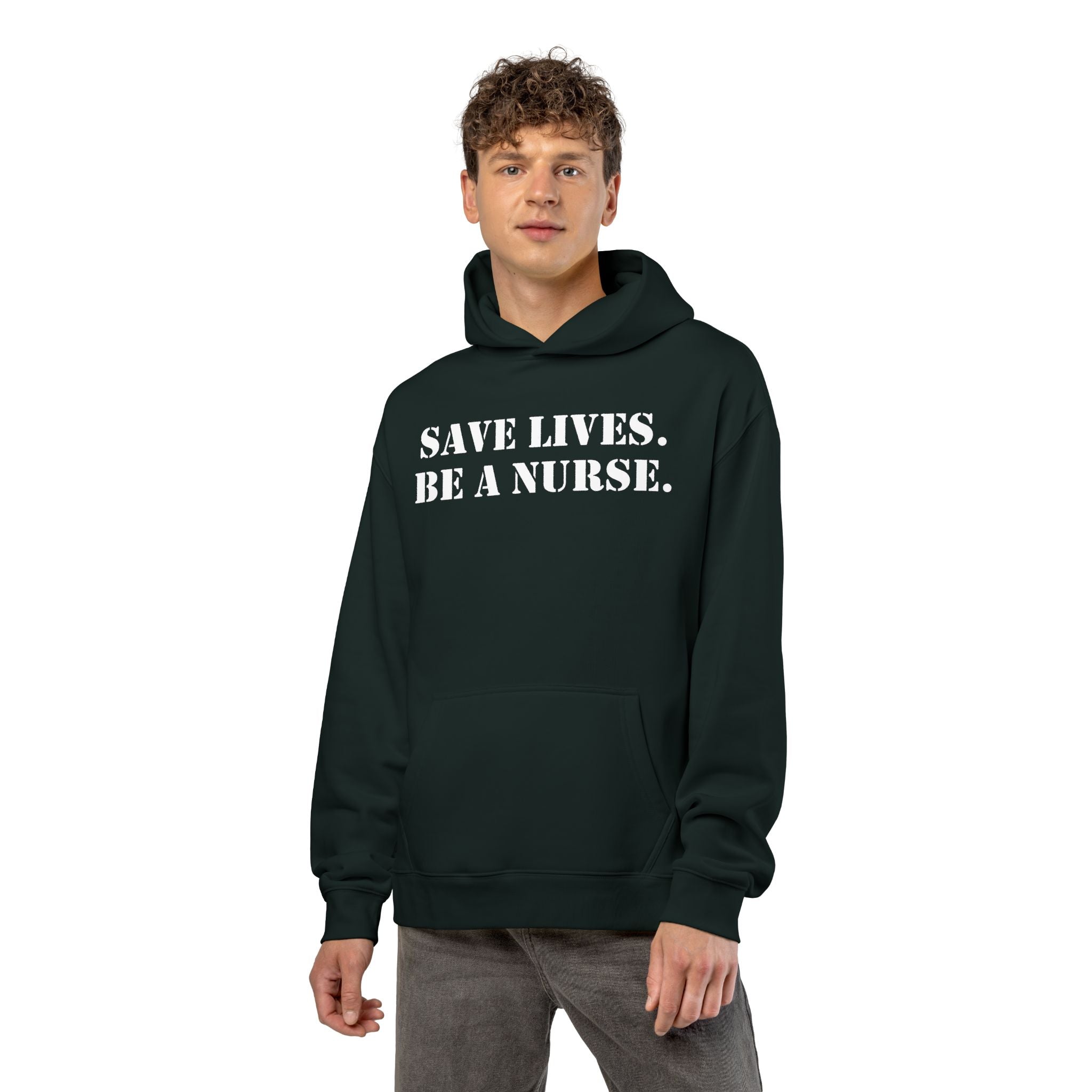 Unisex Mid-weight Hoodie - Save Lives Be A Nurse (front) - Who Advocates? Who Defend? (back) - 80% cotton, 20% Polyester - SLA-H-AC5101