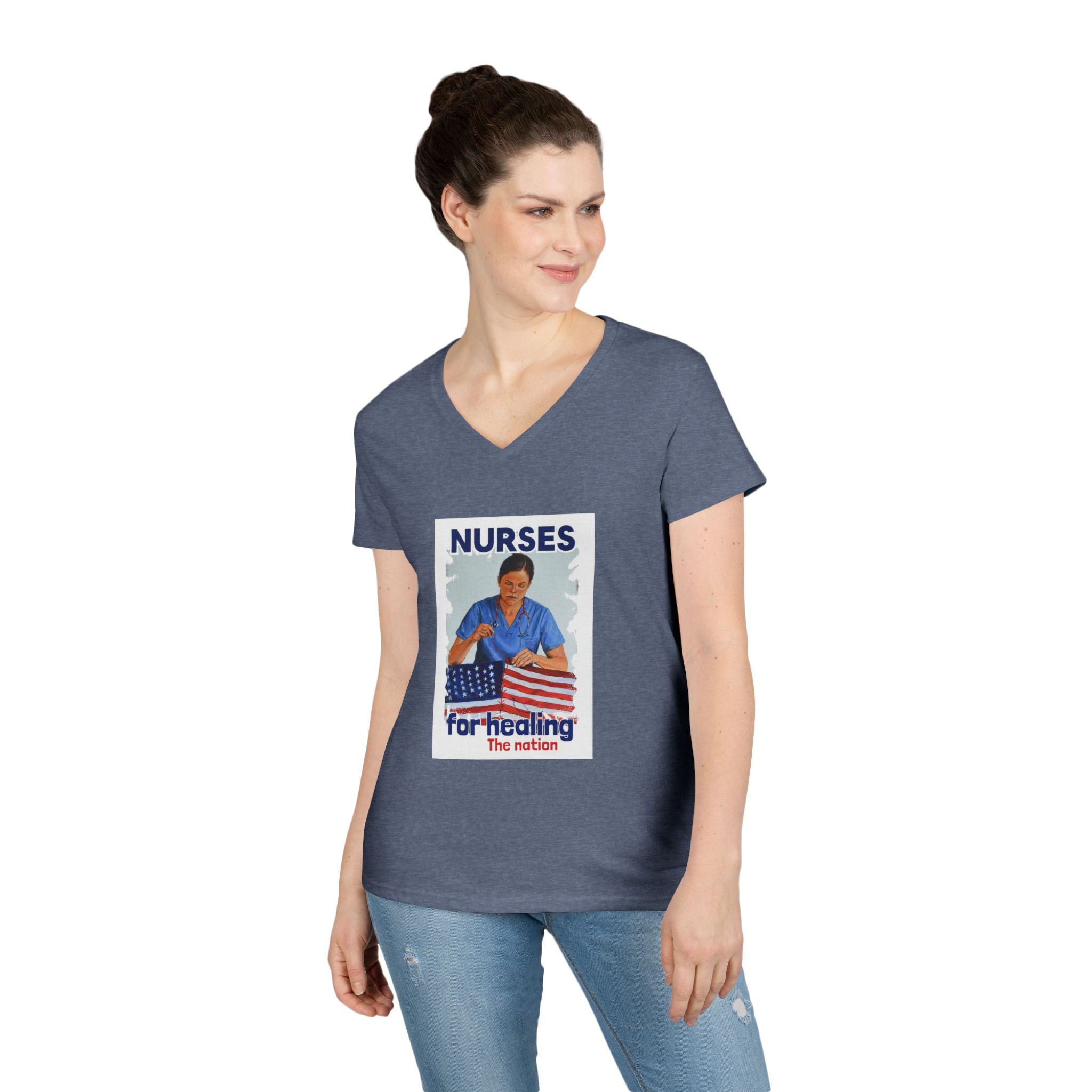 Women's Medium fabric V-Neck T-Shirt - Nurses For Healing The Nation (front) - Nurses Standing Up For Humanity (back) - 100% cotton - NFH-V-G5V00L