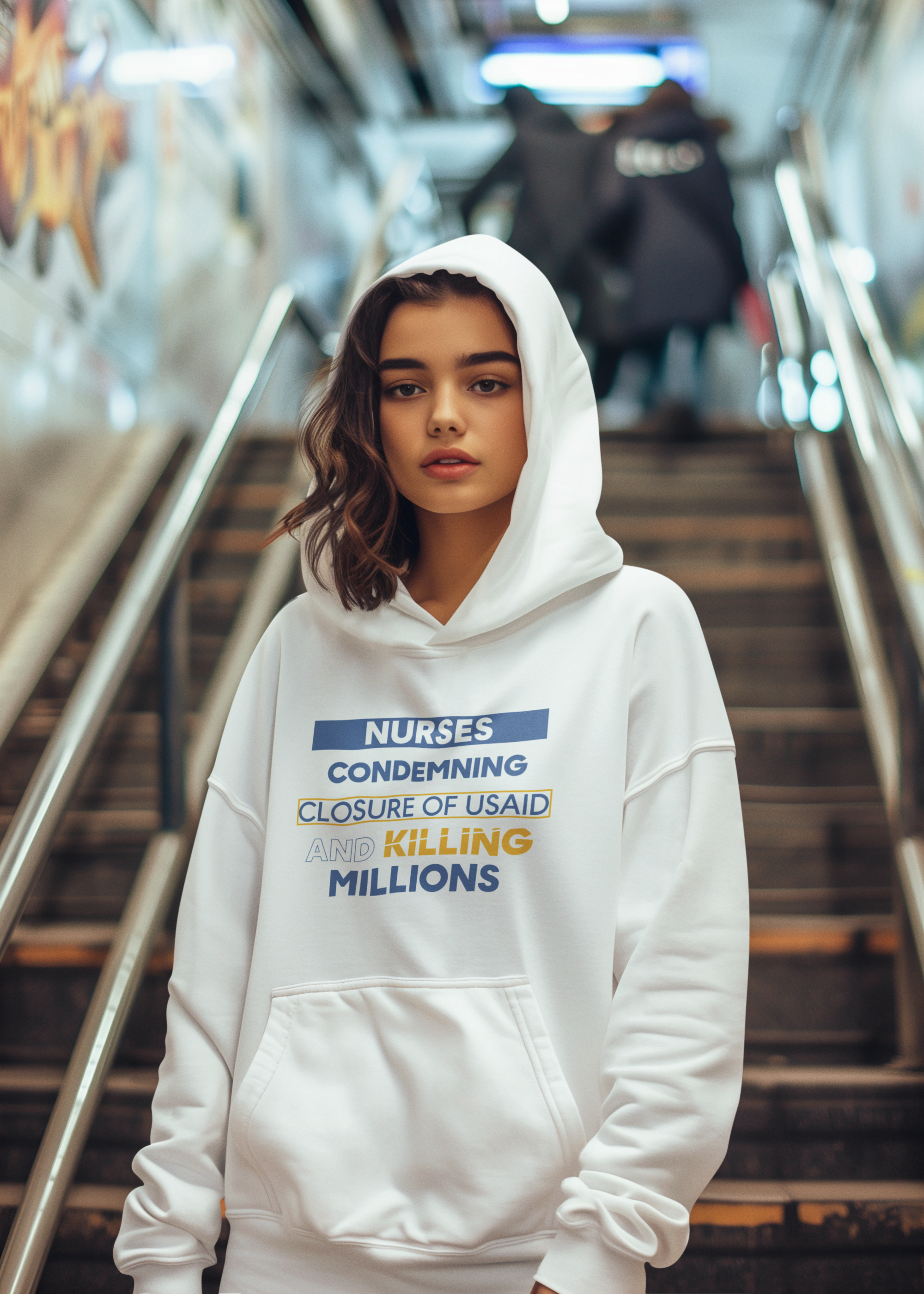 Unisex Mid-weight Hoodie - Nurses Condemning Closure of USAID (front) - Nurses For NIH CDC FEMA USAID And YOU (back) - 80% cotton, 20% Polyester - NFG-H-AC5101