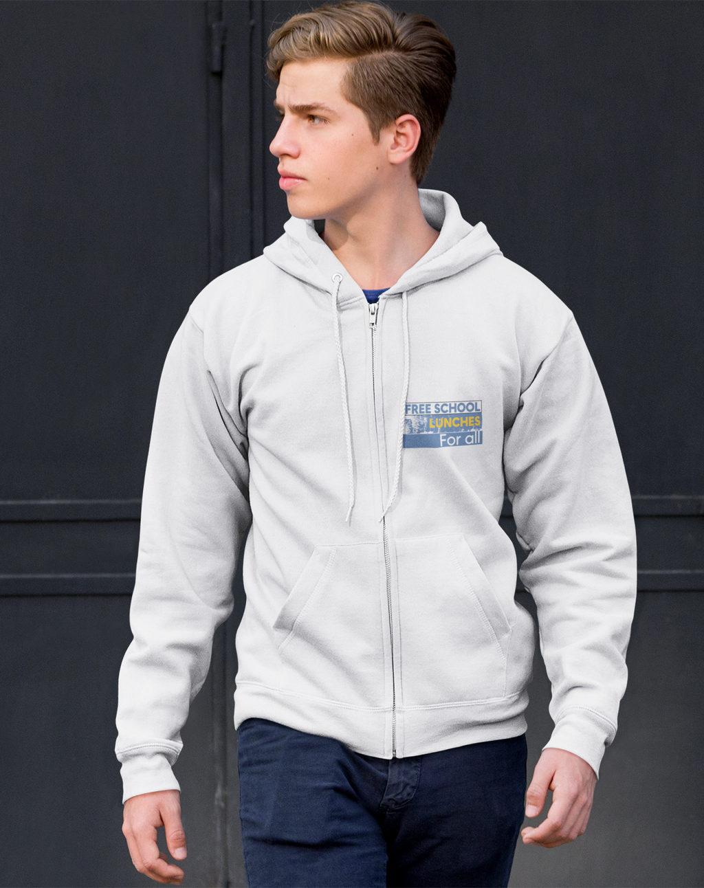 Men's Medium-heavy fabric Full-Zip Hoodie - Free School Lunches For All (front) - Nurses Against The Rich Starving The Poor (back) - 60% recycled cotton, 40% recycled polyester - NAH-Z-DT8102