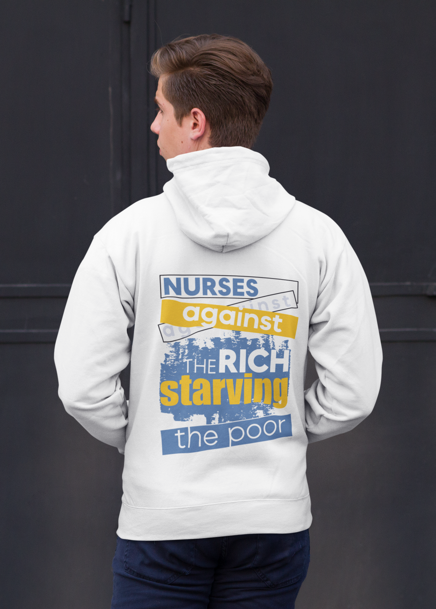Men's Medium-heavy fabric Full-Zip Hoodie - Free School Lunches For All (front) - Nurses Against The Rich Starving The Poor (back) - 60% recycled cotton, 40% recycled polyester - NAH-Z-DT8102