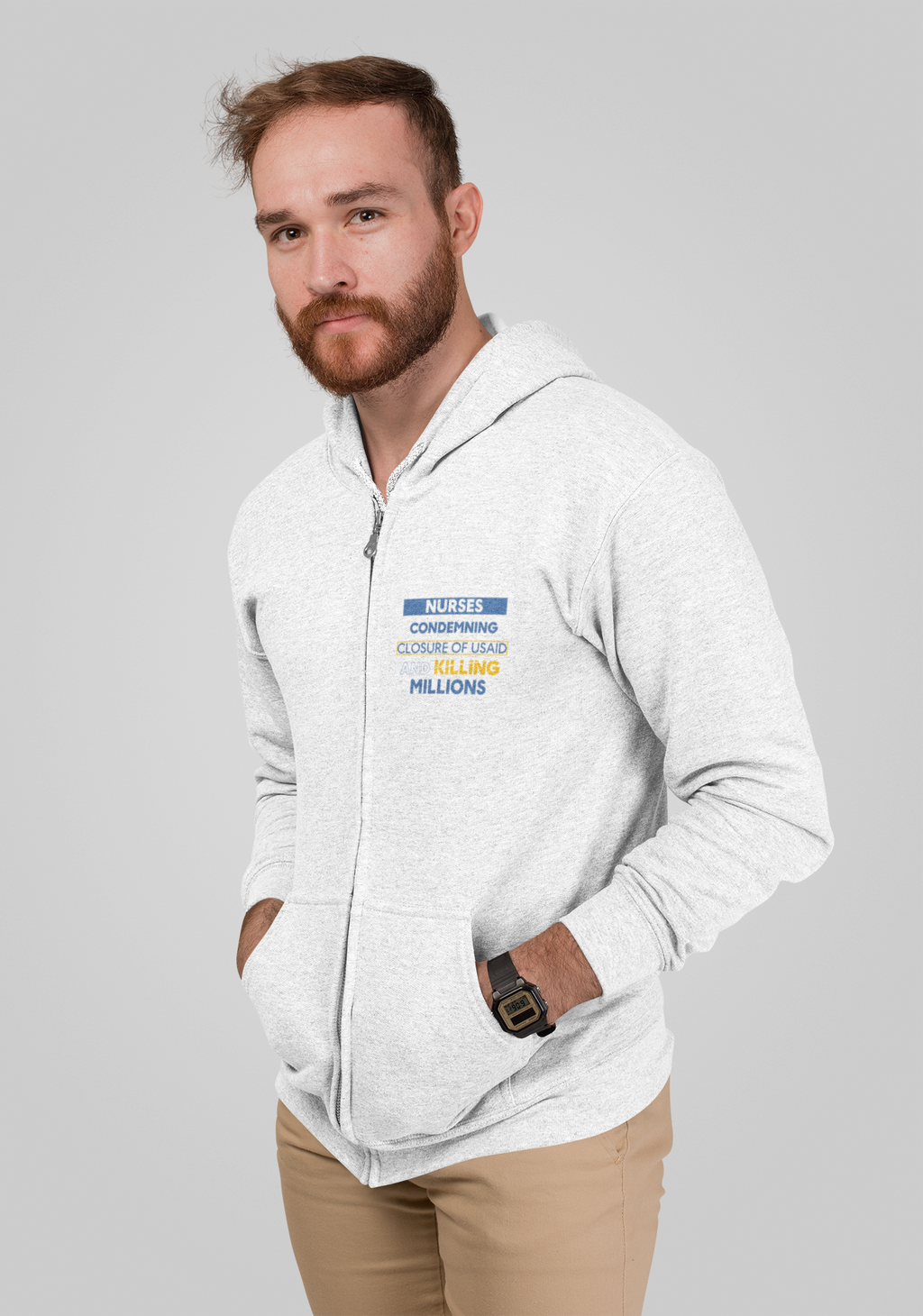 Men's Medium-heavy fabric Full-Zip Hoodie - Nurses Condemning Closure of USAID (front) - Nurses For NIH, CDC, FEMA, USAID, and YOU (back) - 60% recycled cotton, 40% recycled polyester - NFG-Z-DT8102