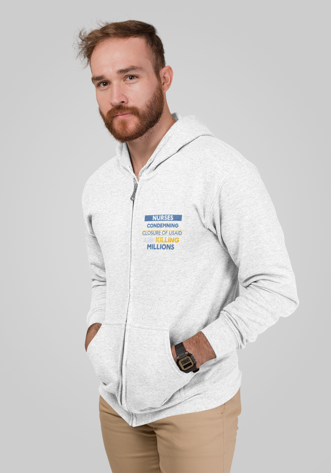 Men's Medium-heavy fabric Full-Zip Hoodie - Nurses Condemning Closure of USAID (front) - Nurses For NIH, CDC, FEMA, USAID, and YOU (back) - 60% recycled cotton, 40% recycled polyester - NFG-Z-DT8102