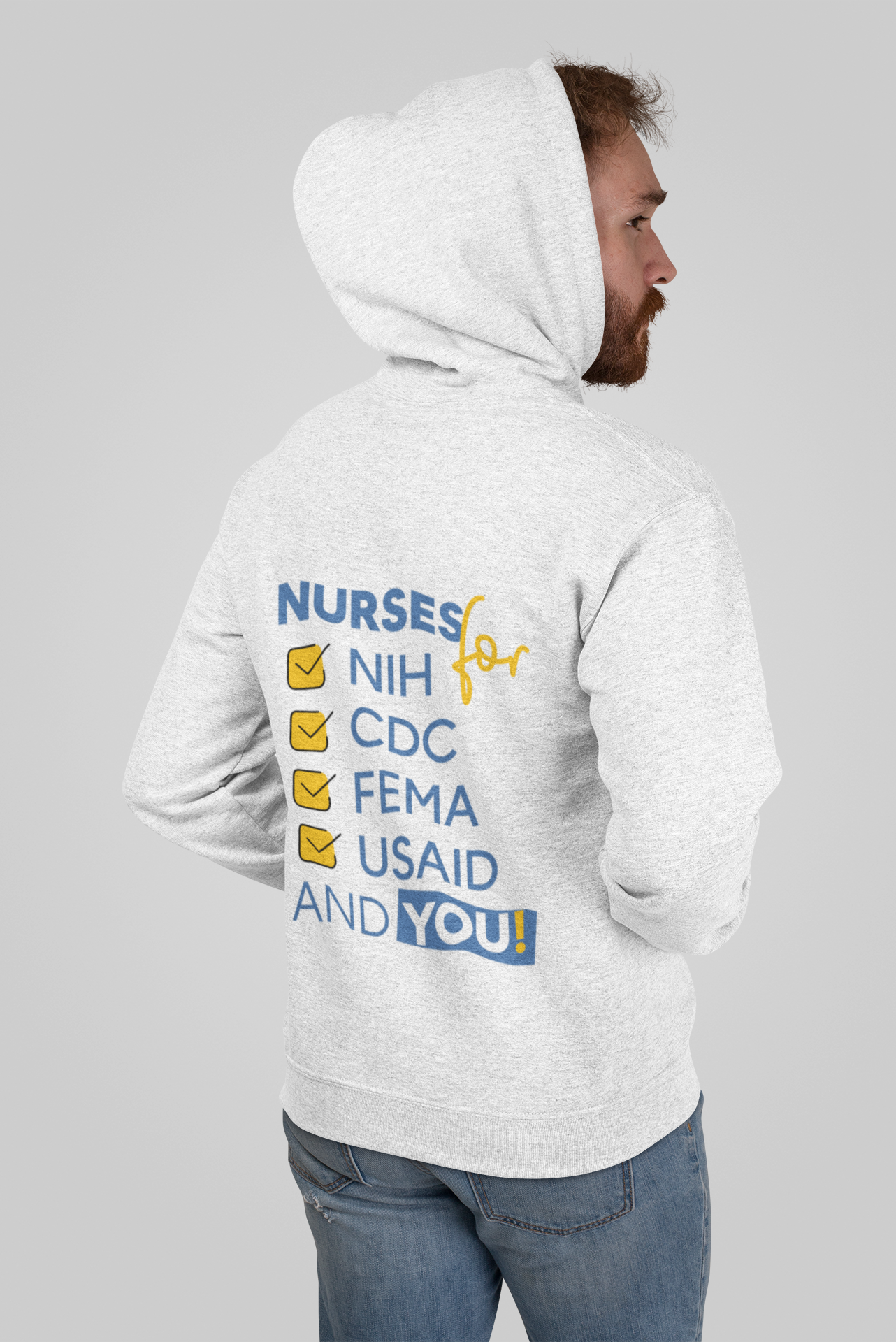 Men's Medium-heavy fabric Full-Zip Hoodie - Nurses Condemning Closure of USAID (front) - Nurses For NIH, CDC, FEMA, USAID, and YOU (back) - 60% recycled cotton, 40% recycled polyester - NFG-Z-DT8102