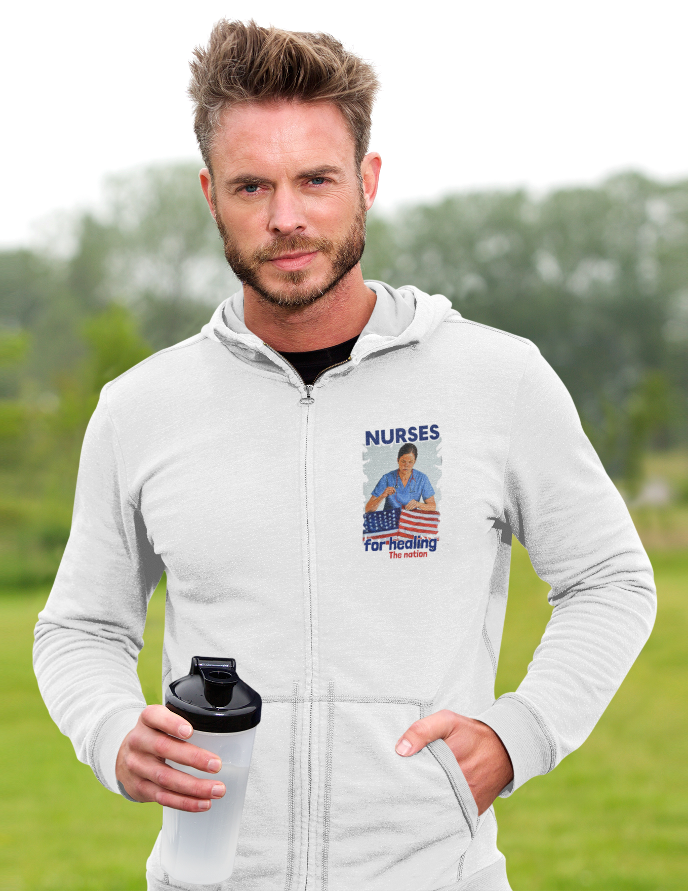 Men's Medium-heavy fabric Full-Zip Hoodie - Nurses For Healing The Nation (front) -  Nurses Standing Up For humanity (back) - 60% recycled cotton, 40% recycled polyester - NFH-Z-DT8102