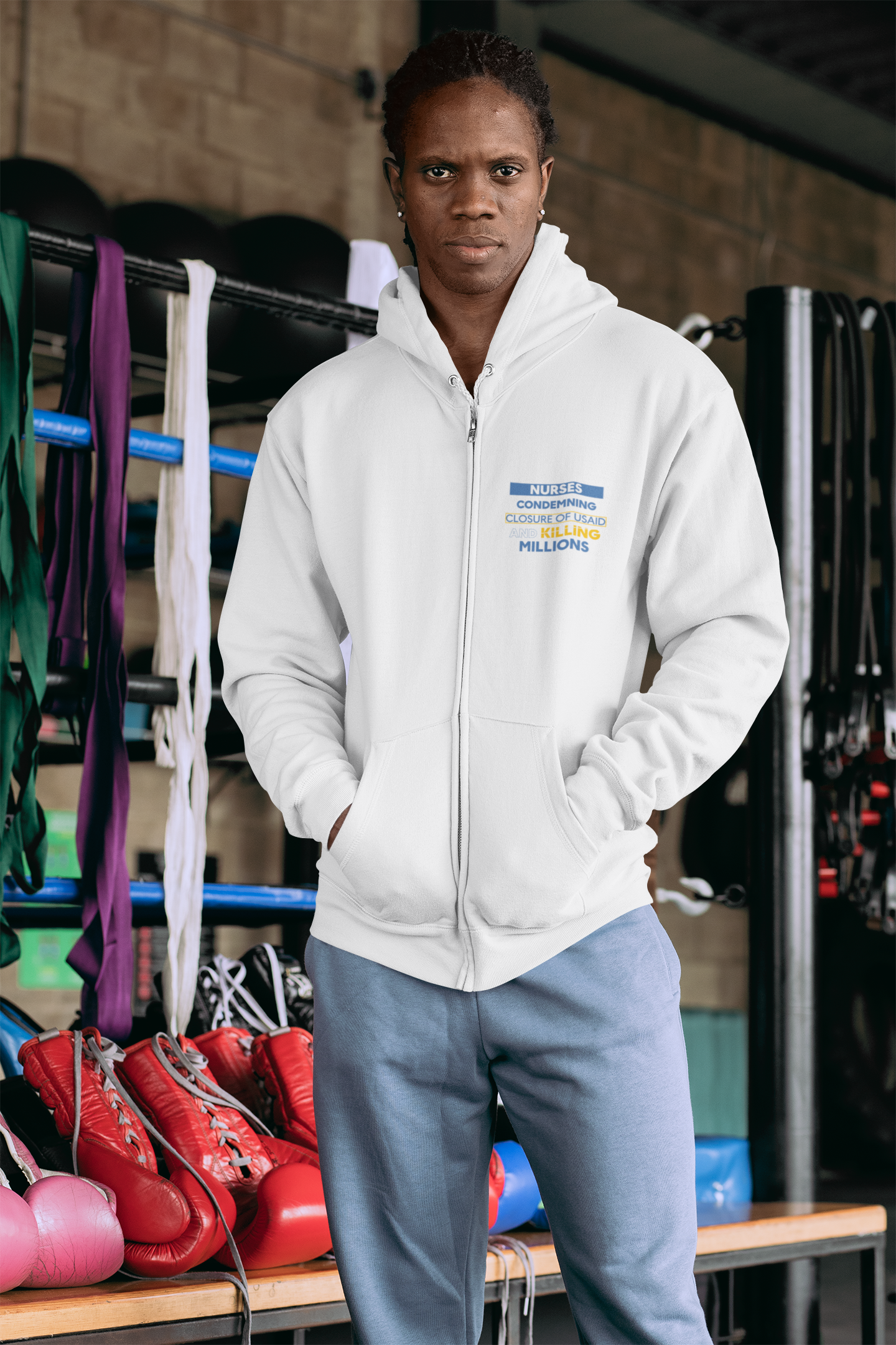 Men's Medium-heavy fabric Full-Zip Hoodie - Nurses Condemning Closure of USAID (front) - Nurses For NIH, CDC, FEMA, USAID And YOU (back) - Medium-heavy fabric - NFG-Z-DT8102