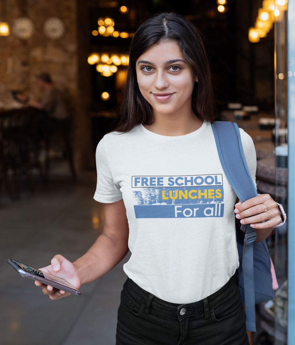 Unisex Medium fabric Cotton Tee - Free School Lunches For All (front) - Nurses Against The Rich Starving The Poor (back) - 5.3 oz/yd² / 180 g/m² - NAH-T-G5000