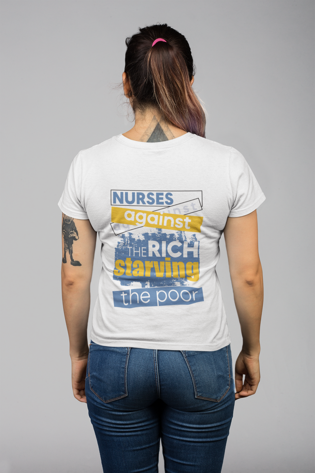 Unisex Medium fabric Cotton Tee - Free School Lunches For All (front) - Nurses Against The Rich Starving The Poor (back) - 5.3 oz/yd² / 180 g/m² - NAH-T-G5000