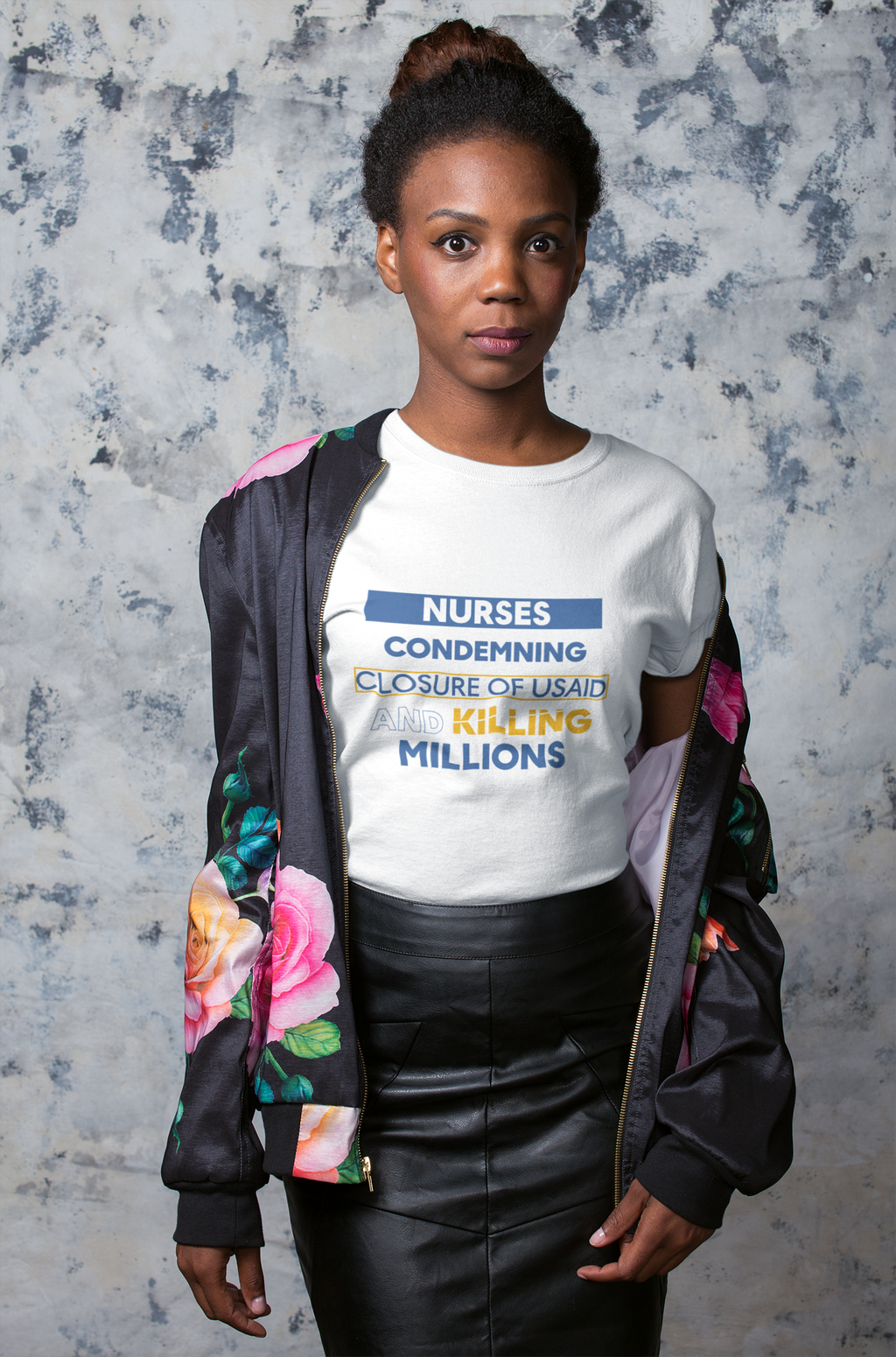 Unisex Medium fabric Cotton Tee - Nurses Condemning Closure of USAID (front) - Nurses For NIH CDC FEMA USAID And YOU (back) - 5.3 oz/yd² / 180 g/m² - NFG-T-G5000