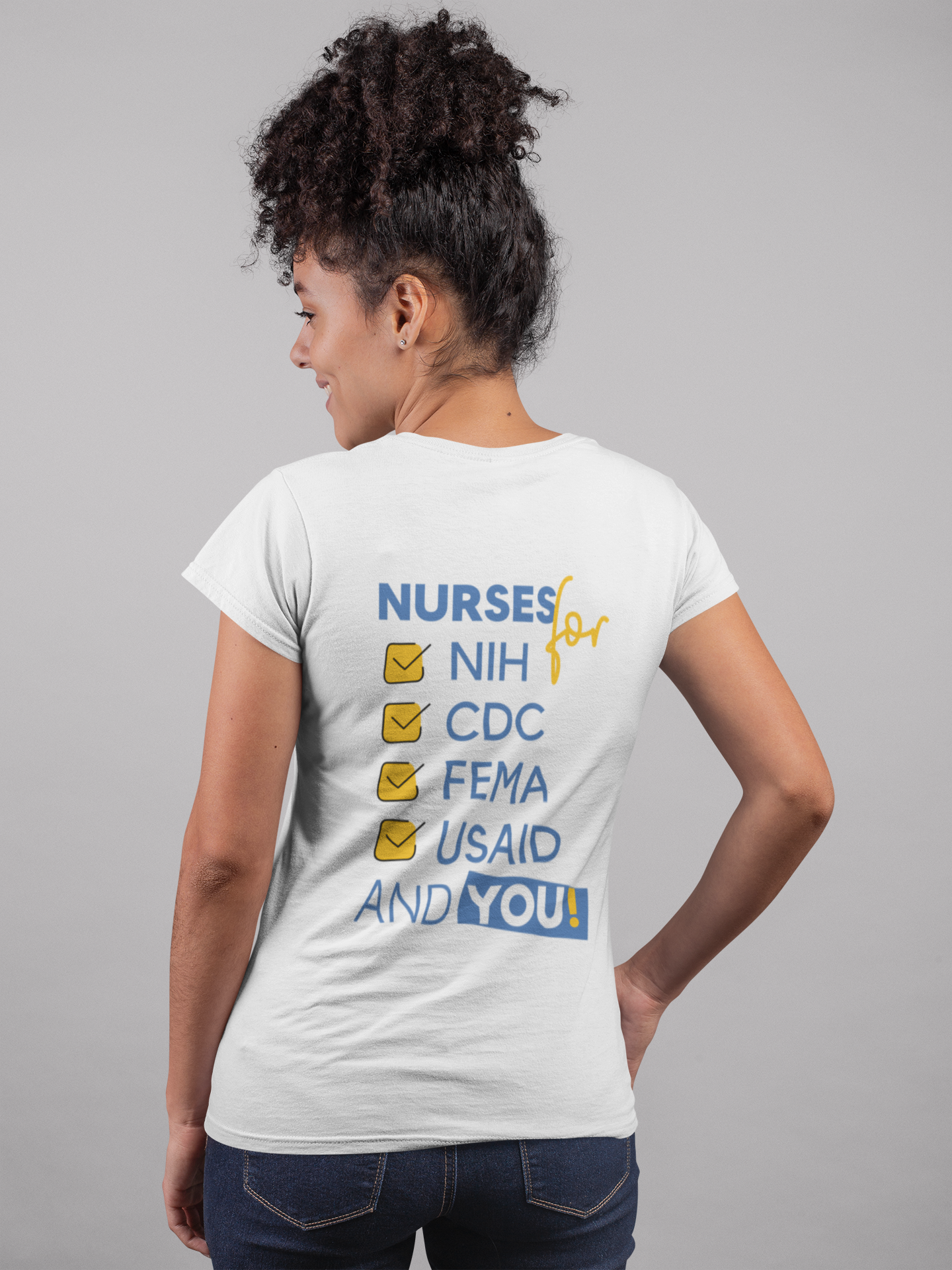 Unisex Medium fabric Cotton Tee - Nurses Condemning Closure of USAID (front) - Nurses For NIH CDC FEMA USAID And YOU (back) - 5.3 oz/yd² / 180 g/m² - NFG-T-G5000