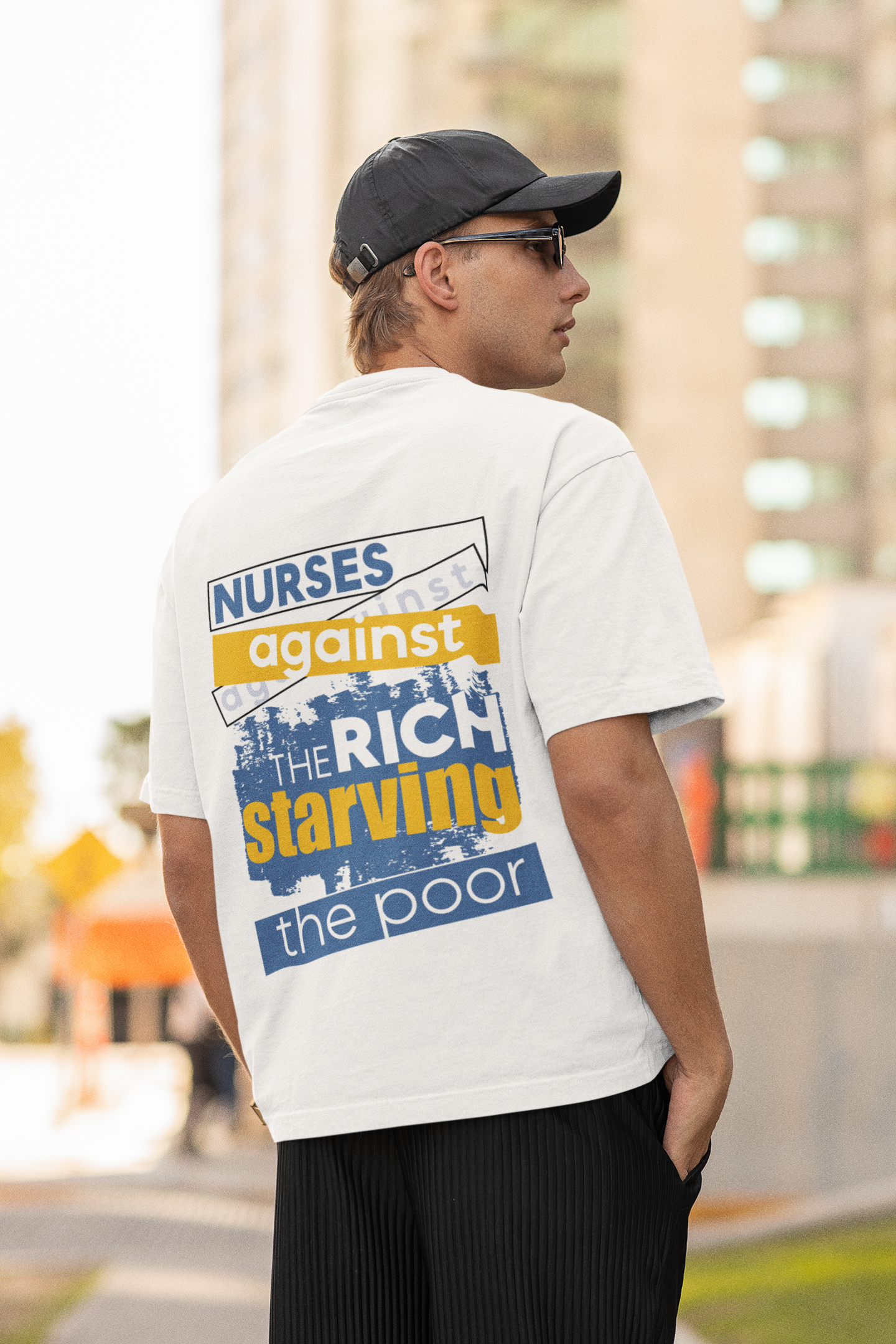 Unisex Lightweight fabric T-Shirt - Free School Lunches For All (front) - Nurses Against The Rich Starving The Poor (back) - 100% ring-spun cotton - NAH-T-G64000