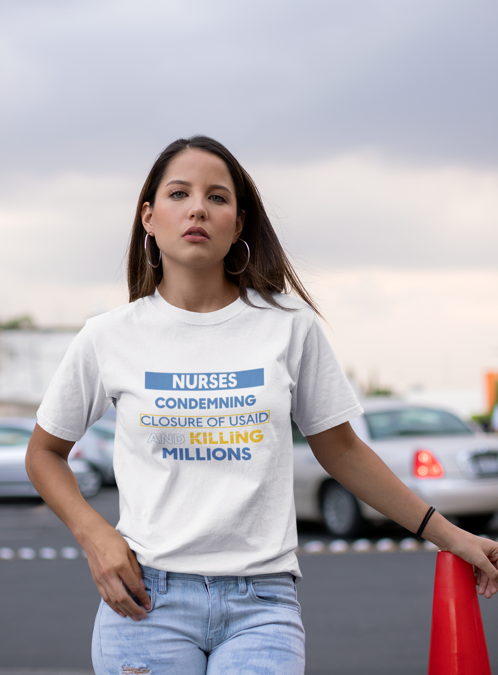 Unisex Lightweight fabric T-Shirt - Nurses Condemning Closure of USAID (front) - Nurses For NIH CDC FEMA USAID And YOU (back) - 100% ring-spun cotton - NFG-T-G64000