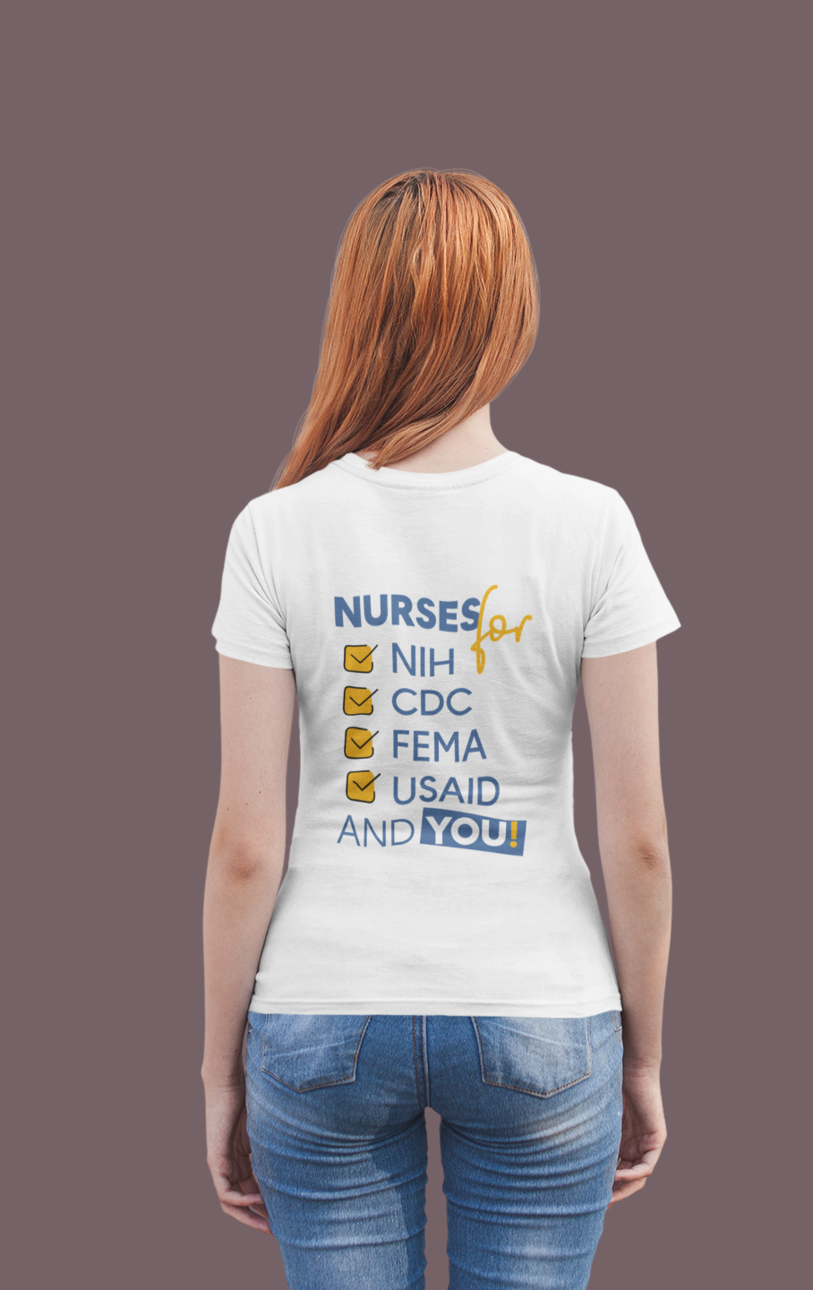 Unisex Lightweight fabric T-Shirt - Nurses Condemning Closure of USAID (front) - Nurses For NIH CDC FEMA USAID And YOU (back) - 100% ring-spun cotton - NFG-T-G64000