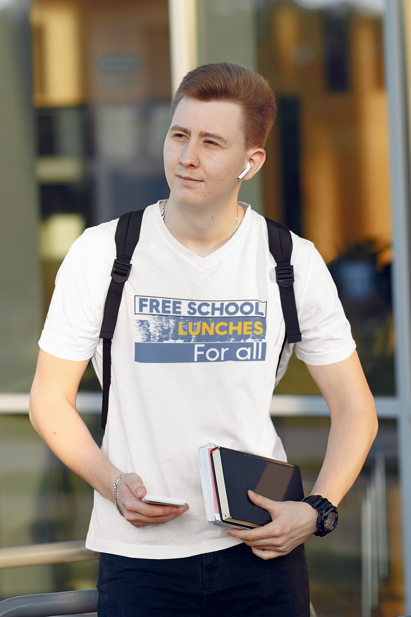 Unisex Lightweight fabric Jersey Short Sleeve V-Neck Tee - Free School Lunches For All (front) - Nurses Against The Rich Starving The Poor (back) - 100% cotton fabric - NAH-V-BC3005