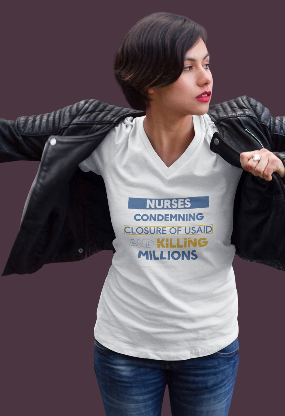 Unisex Lightweight fabric Jersey Short Sleeve V-Neck Tee - Nurses Condemning Closure of USAID (front) - Nurses For NIH CDC FEMA USAID And YOU (back) - 100% cotton fabric - NFG-V-BC3005