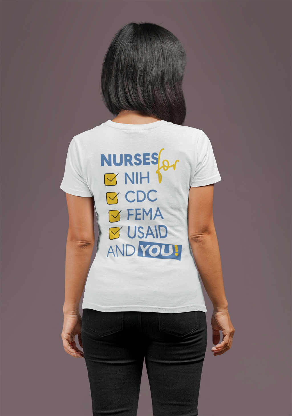 Unisex Lightweight fabric Jersey Short Sleeve V-Neck Tee - Nurses Condemning Closure of USAID (front) - Nurses For NIH CDC FEMA USAID And YOU (back) - 100% cotton fabric - NFG-V-BC3005